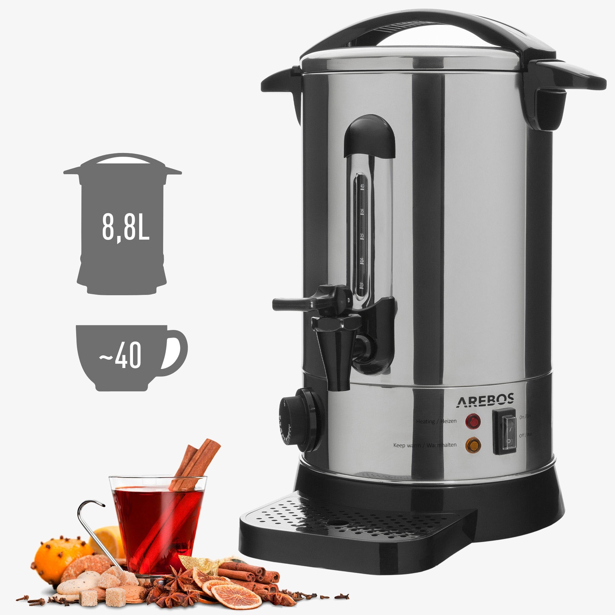 Arebos Mulled wine cooker 8.8L-thermostat,outlet tap,overheating protection - Stainless steel