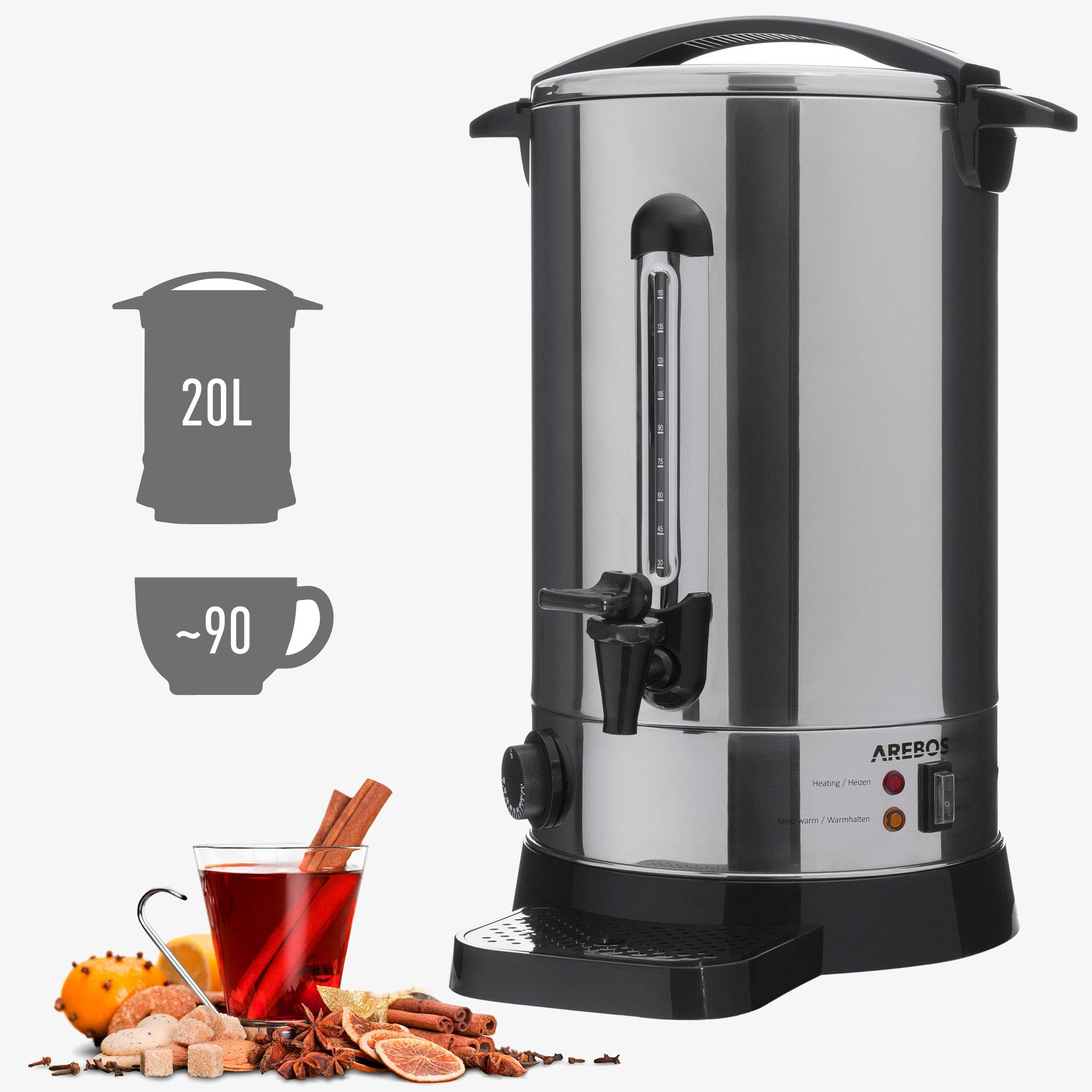 Arebos Mulled wine cooker 20L-thermostat,outlet tap,overheating protection - Stainless steel