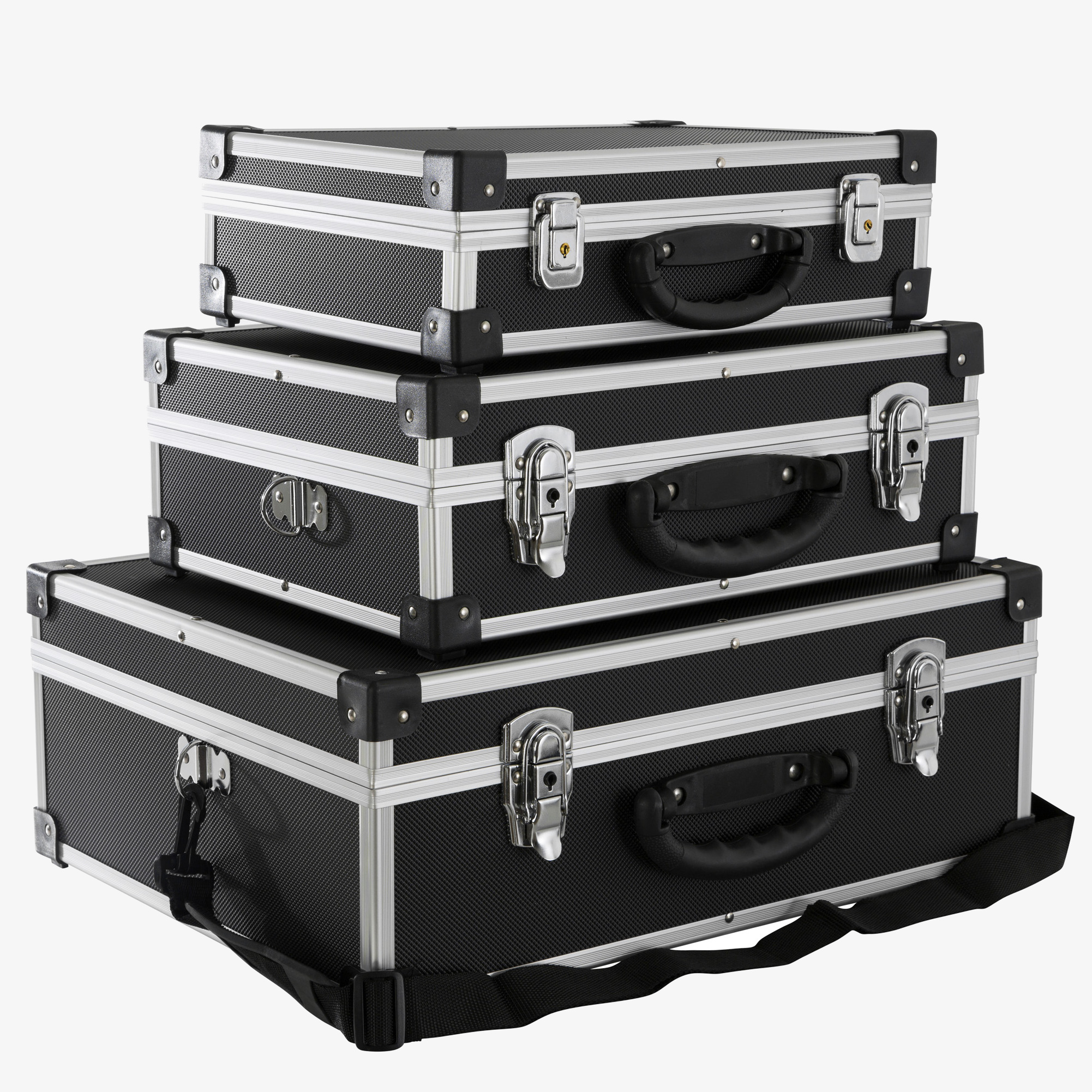 Arebos Set of 3 Aluminium Transport Boxes 50L - Black ABS Body - with Carrying Handle