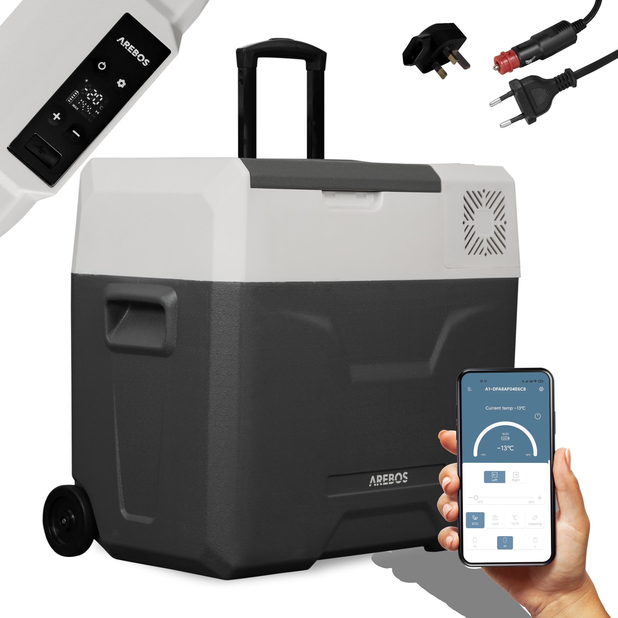 Arebos Compressor cool box with wheels 47L APP control USB connection ECO mode Cold & warm function
