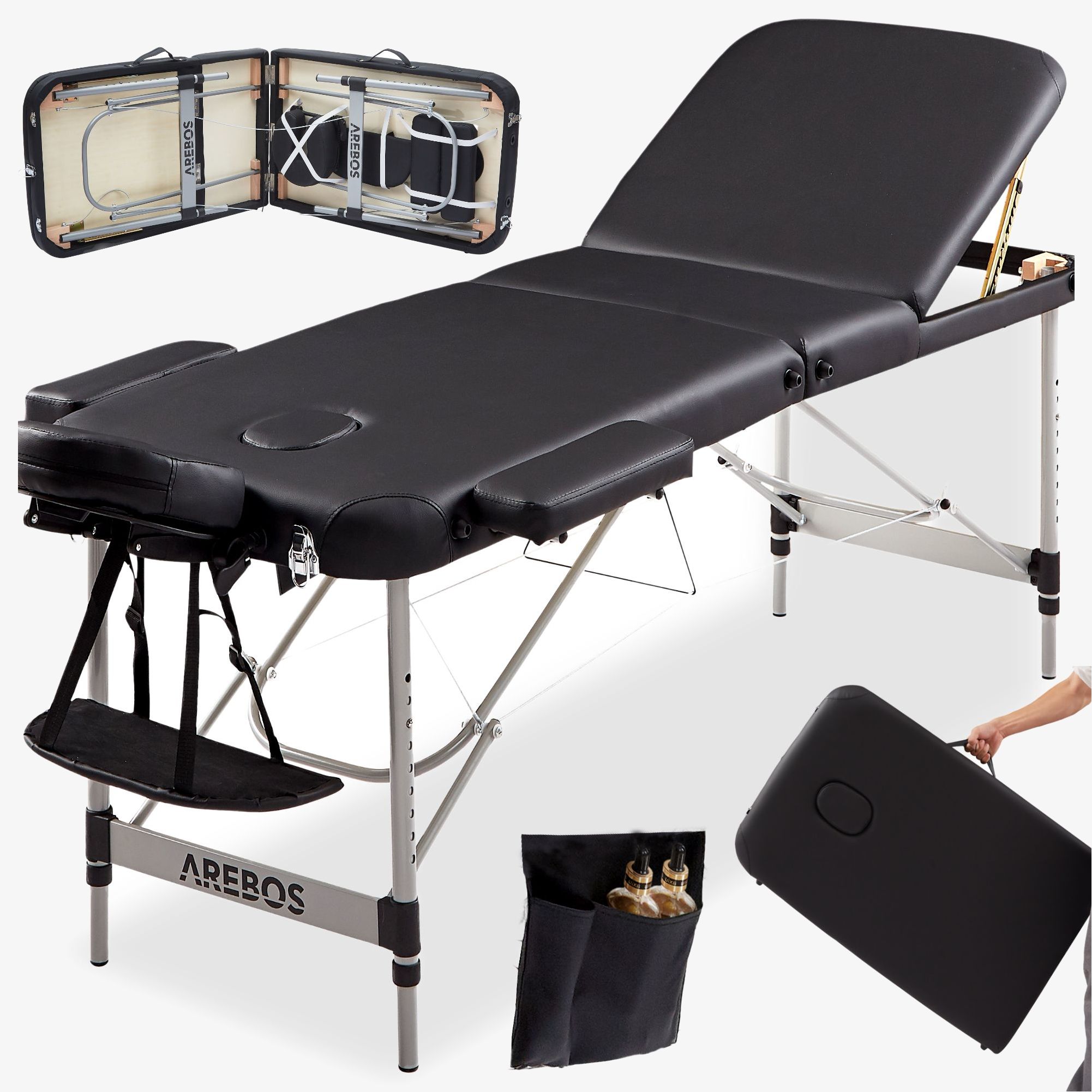 Arebos massage table 3 zones | height adjustable | multifunctional headrest | load capacity 200 kg | water and oil resistant