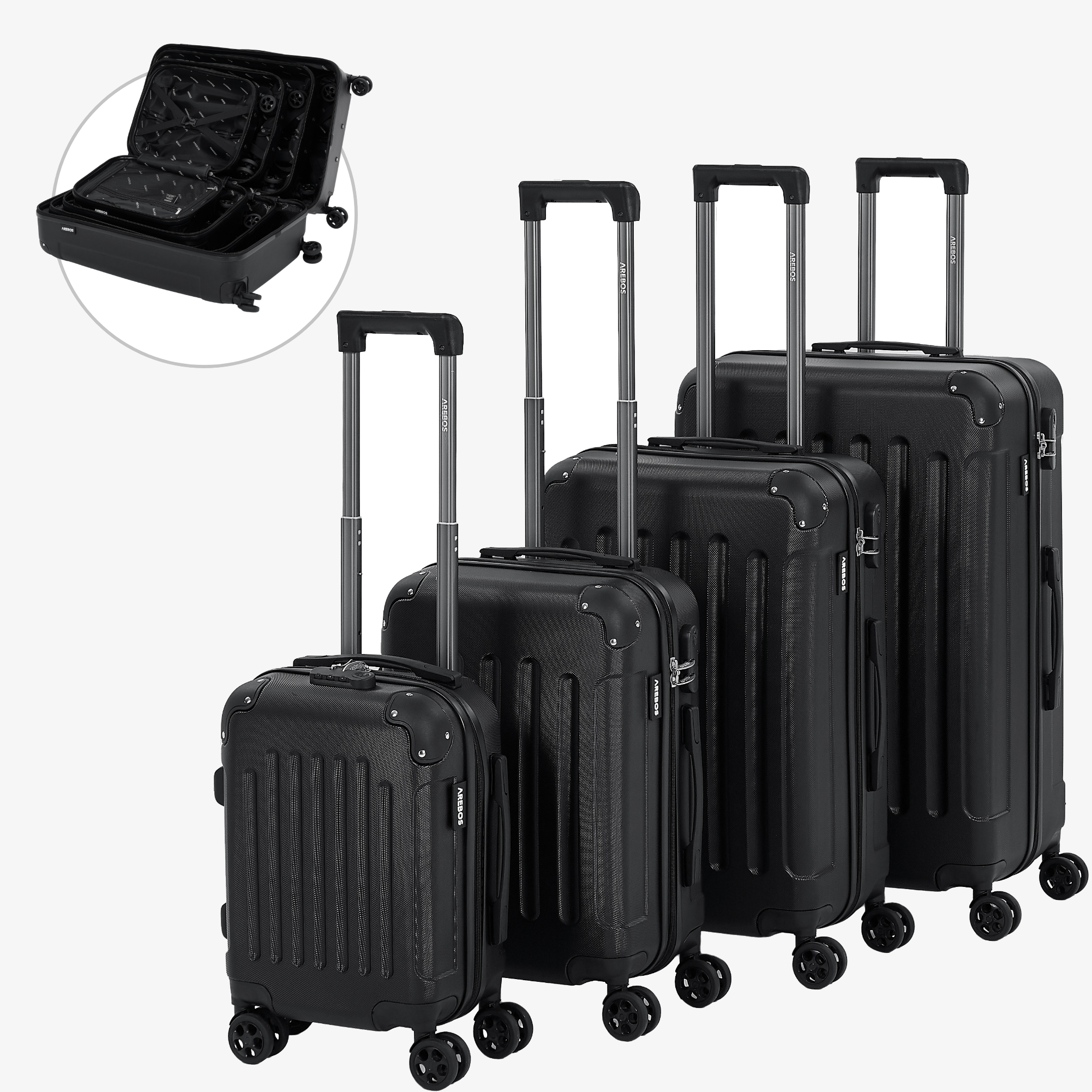 Arebos Travel Suitcases Set of 4 Hard Shell Trolley Suitcase S-M-L-XL Set