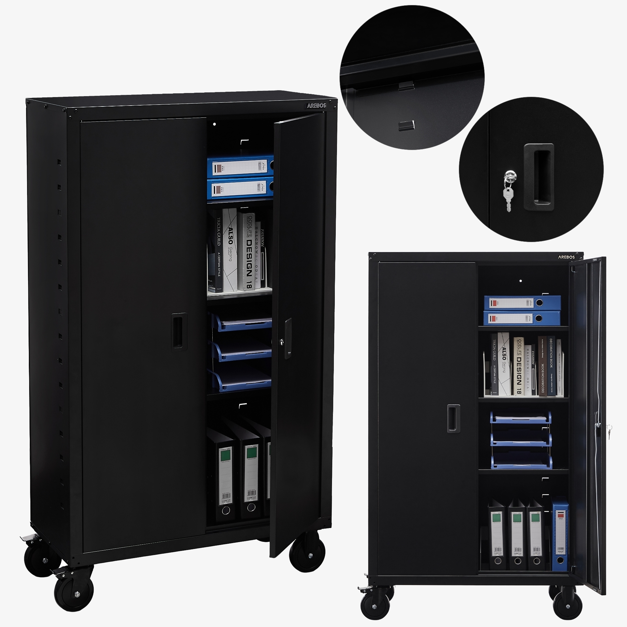 Arebos Filing cabinet Garage cabinet-155x90x40cm with wheels and height-adjustable shelves
