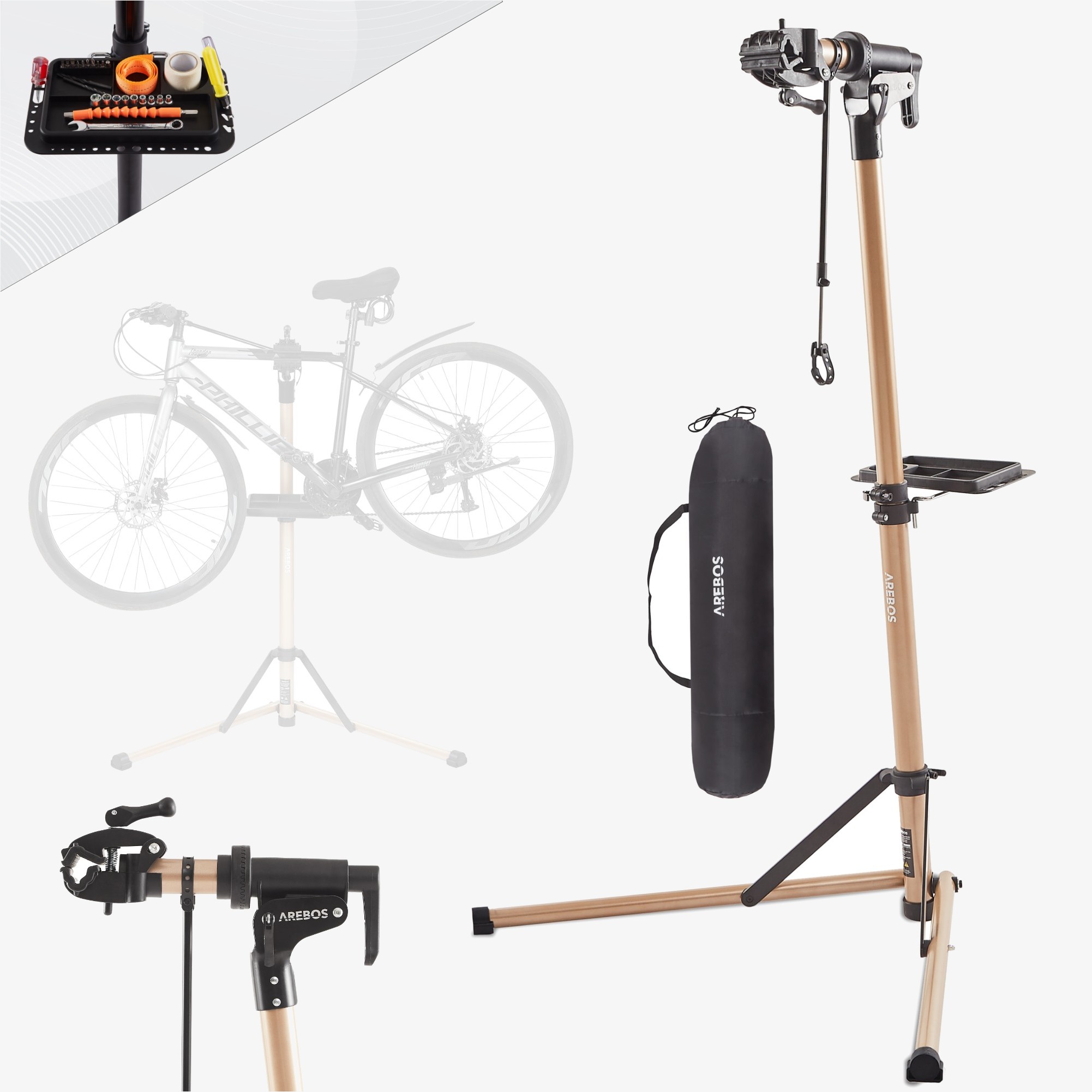 Arebos Aluminum Bicycle Repair Stand, height adjustable from 110-170 cm, infinitely rotatable, including carrying bag