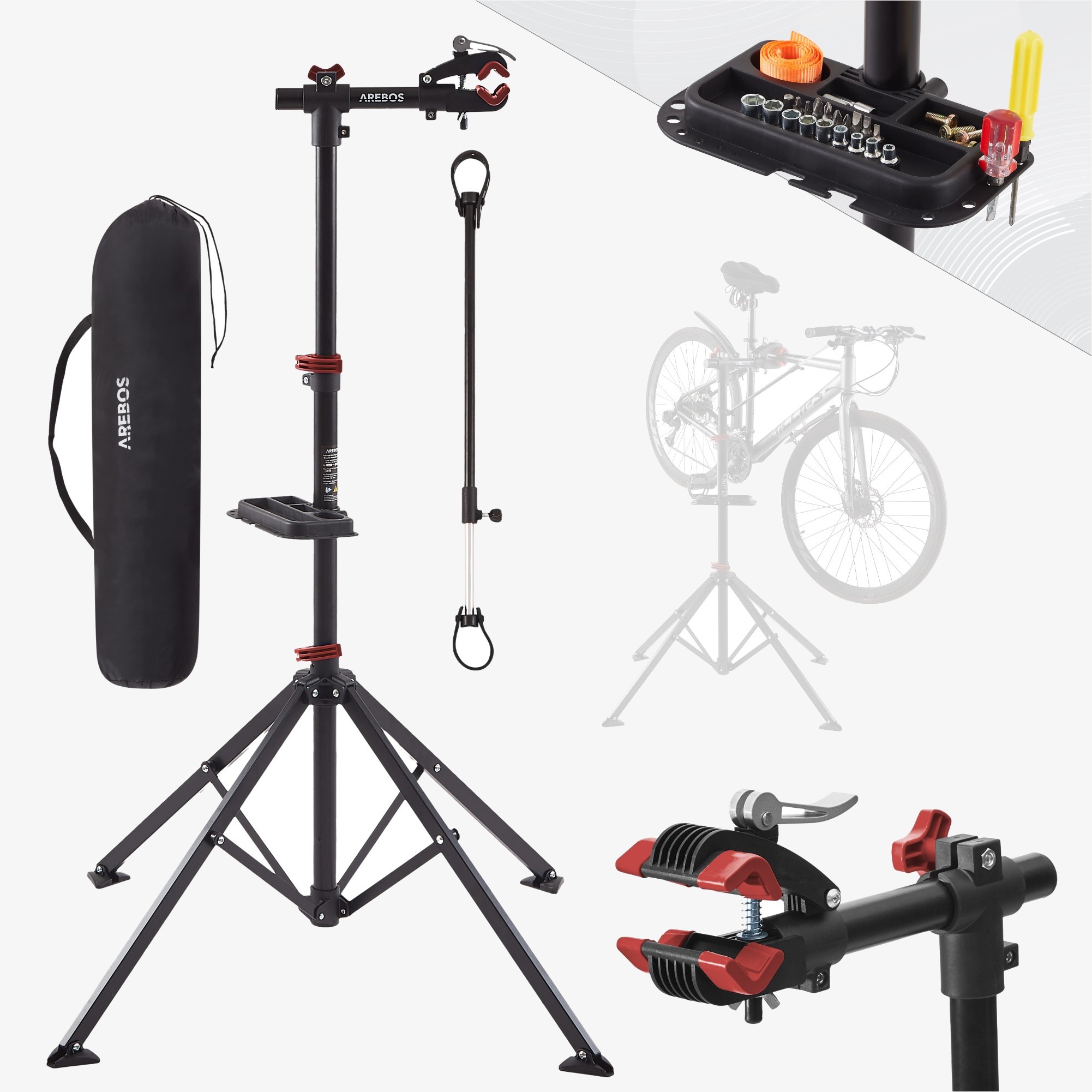 Arebos Bicycle Repair Stand, Adjustable Height 122-188 cm, Rotatable, Load up to 30 kg, Includes Carrying Bag