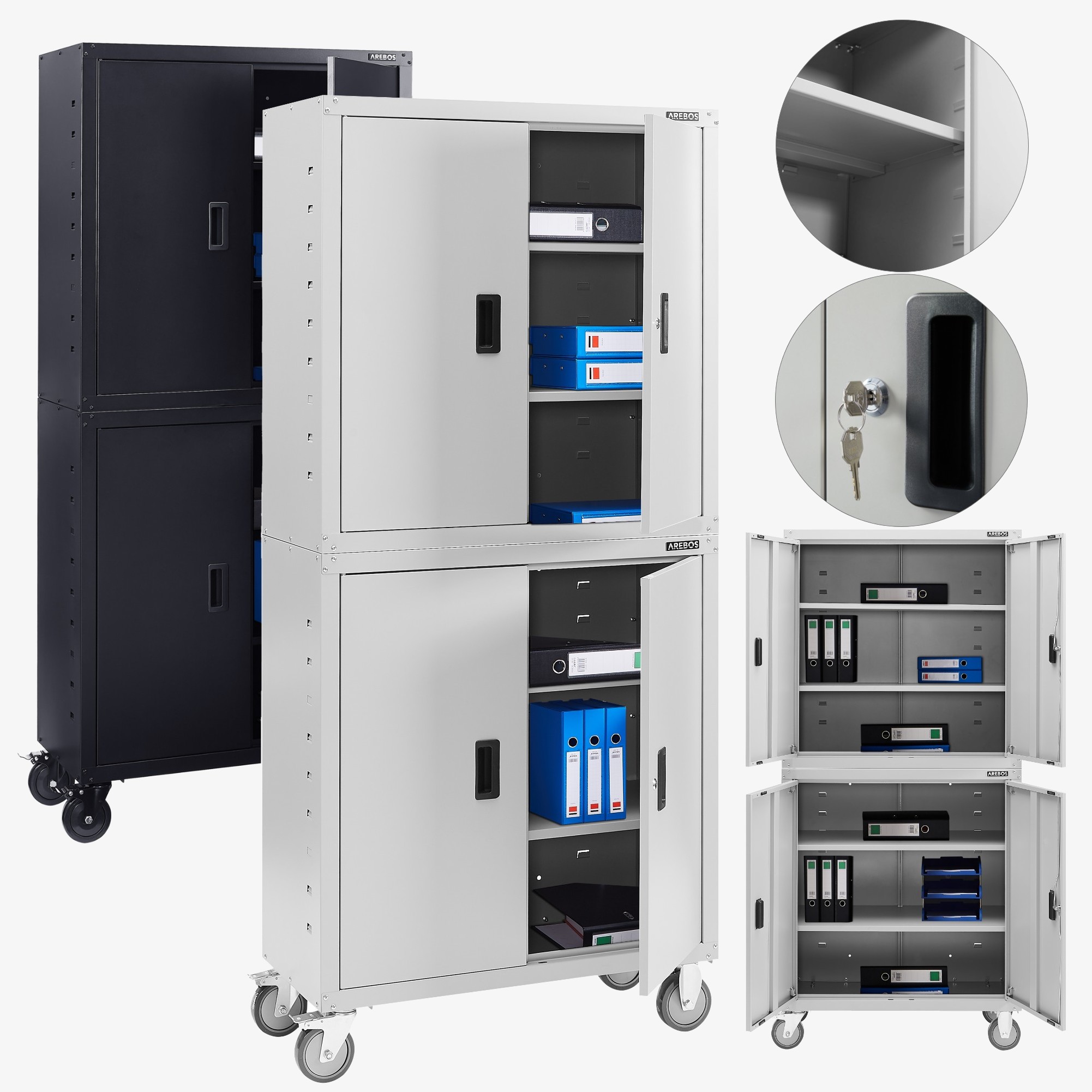 Arebos Filing cabinet Office cabinet - 180x40x90cm,4 doors,4 shelves - incl. castors