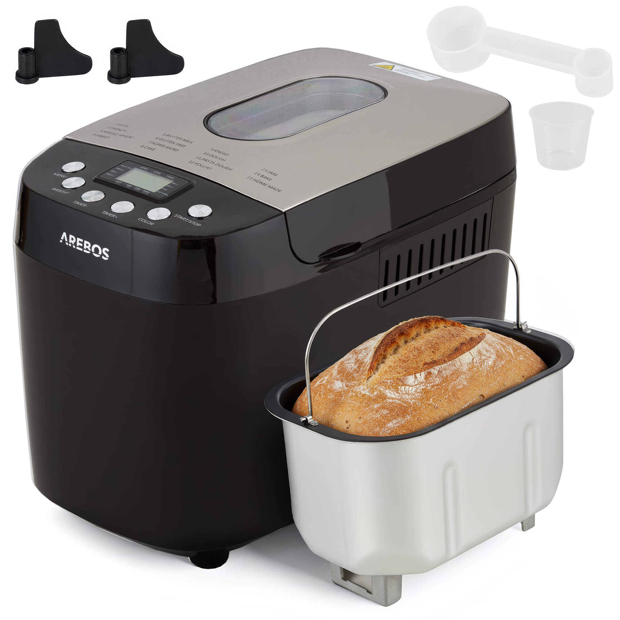 Arebos Breadmaker 850W - 1500g,15 Programs,2 Dough Hooks,Timer,LCD Display - Black