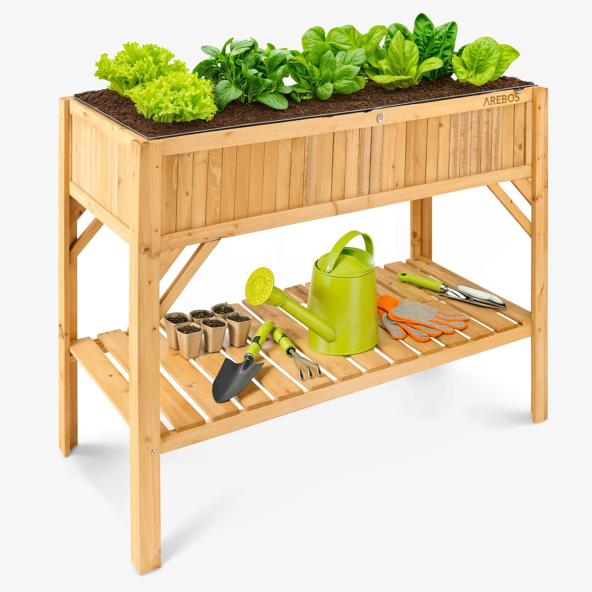Arebos wooden raised bed with storage compartment | for garden, balcony ,terrace | interior equipped with protective fleece