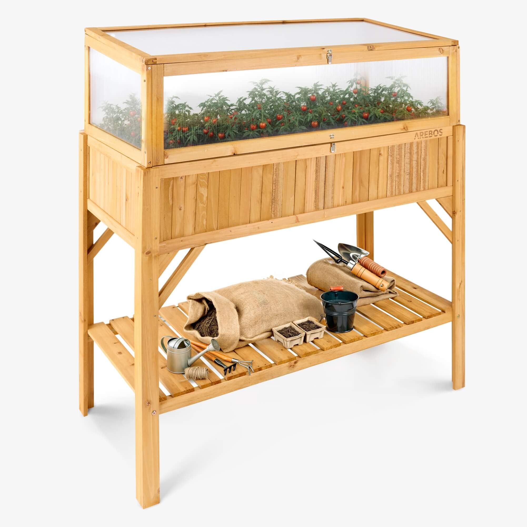 Arebos raised wooden garden bed with shelf and cold frame attachment | for garden,balcony, and terrace | capacity of 191.4 L