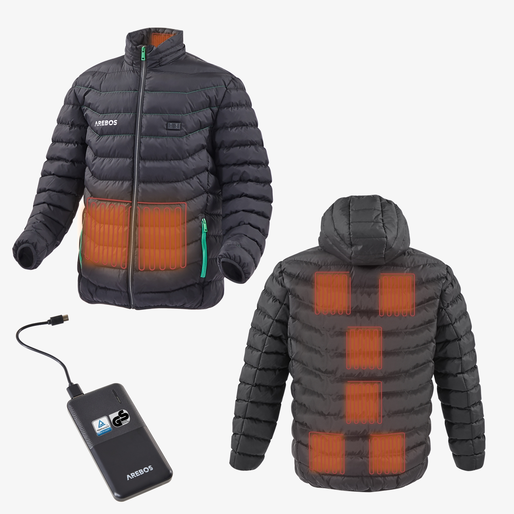 Arebos battery thermal jacket 10000 mAh, 3 heat settings with powerbank