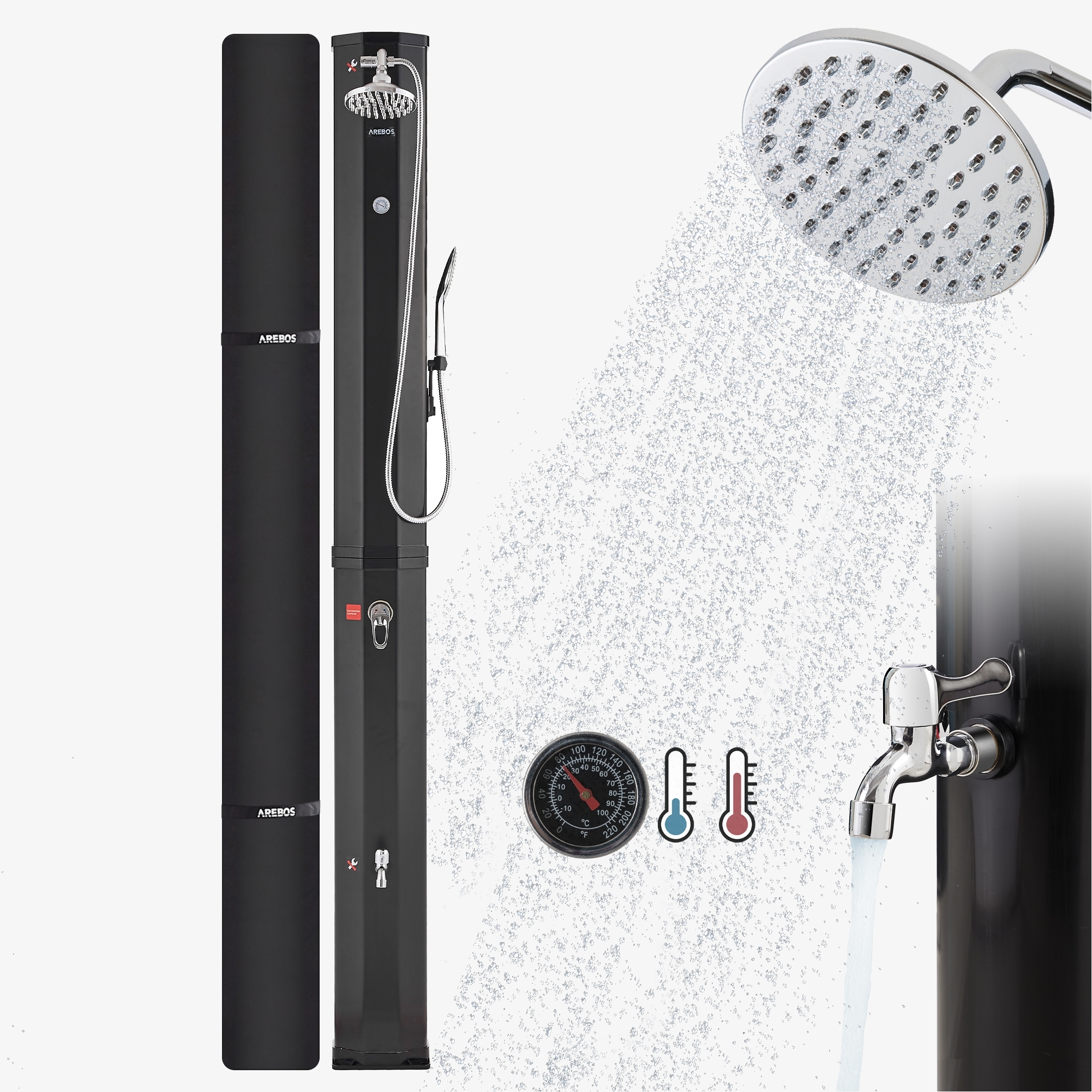 Arebos Solar shower 60L with thermometer and hand shower black with snap in and quick connector