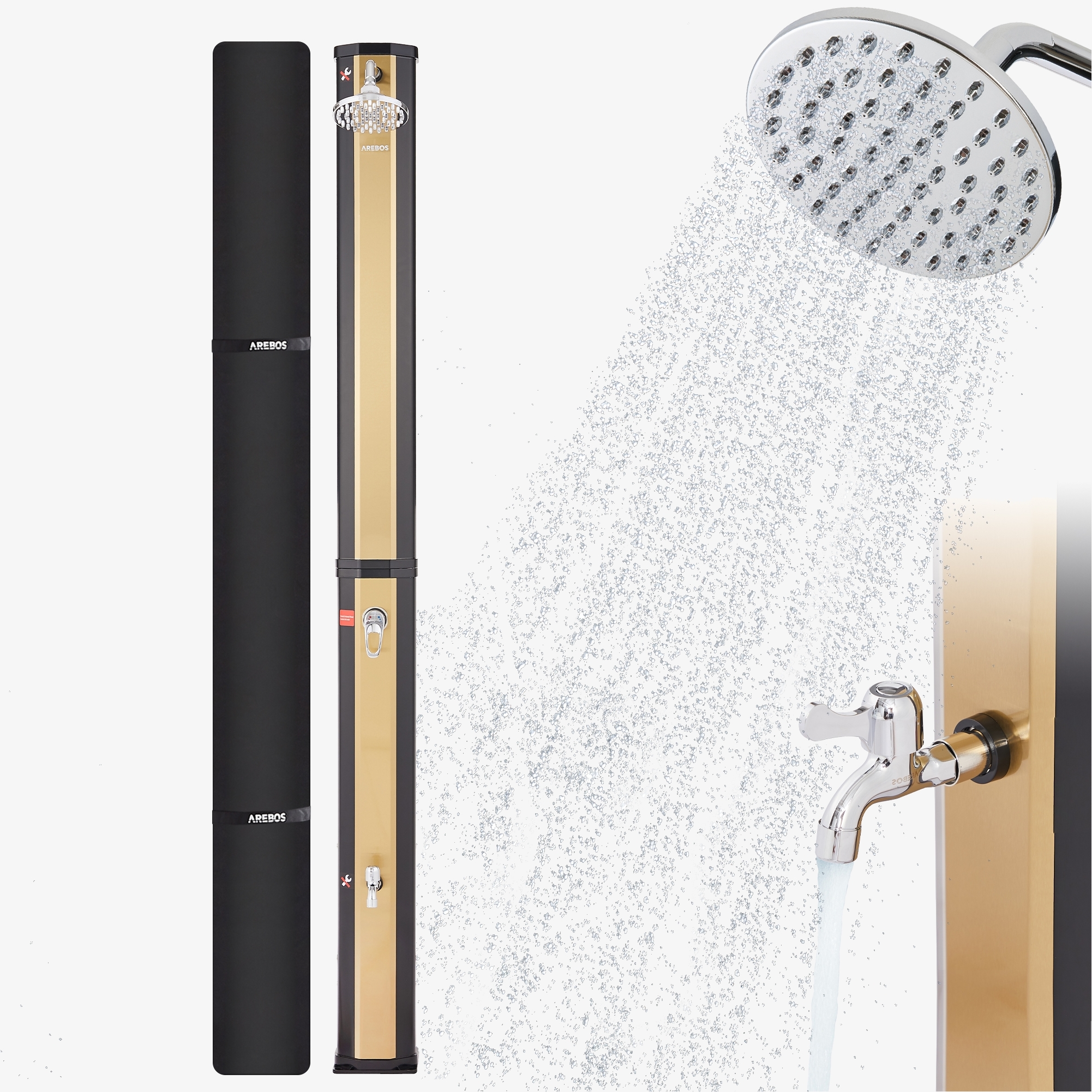 Arebos Solar Shower 35L Black-Gold with quick coupling,practical foot shower,incl. cover bonnet