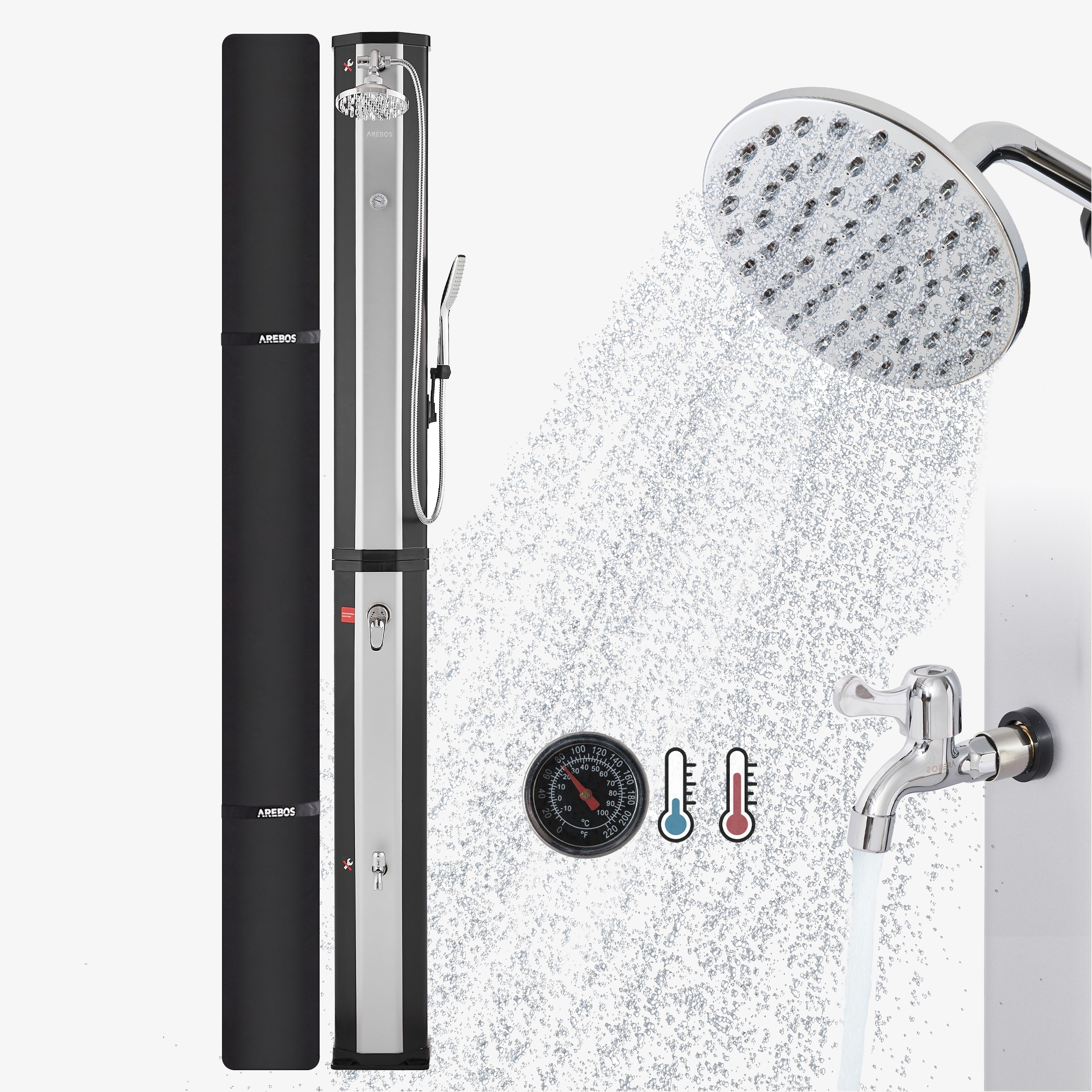 Arebos Solar Shower 60L with Hand Shower and Themometer black/silver, Snap IN and Quick Connect