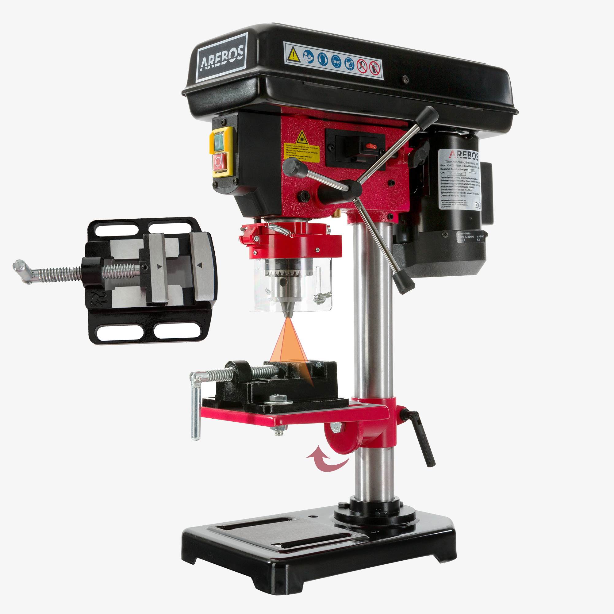 Arebos bench drill with laser - gear rim drill chuck 13mm, incl. vice