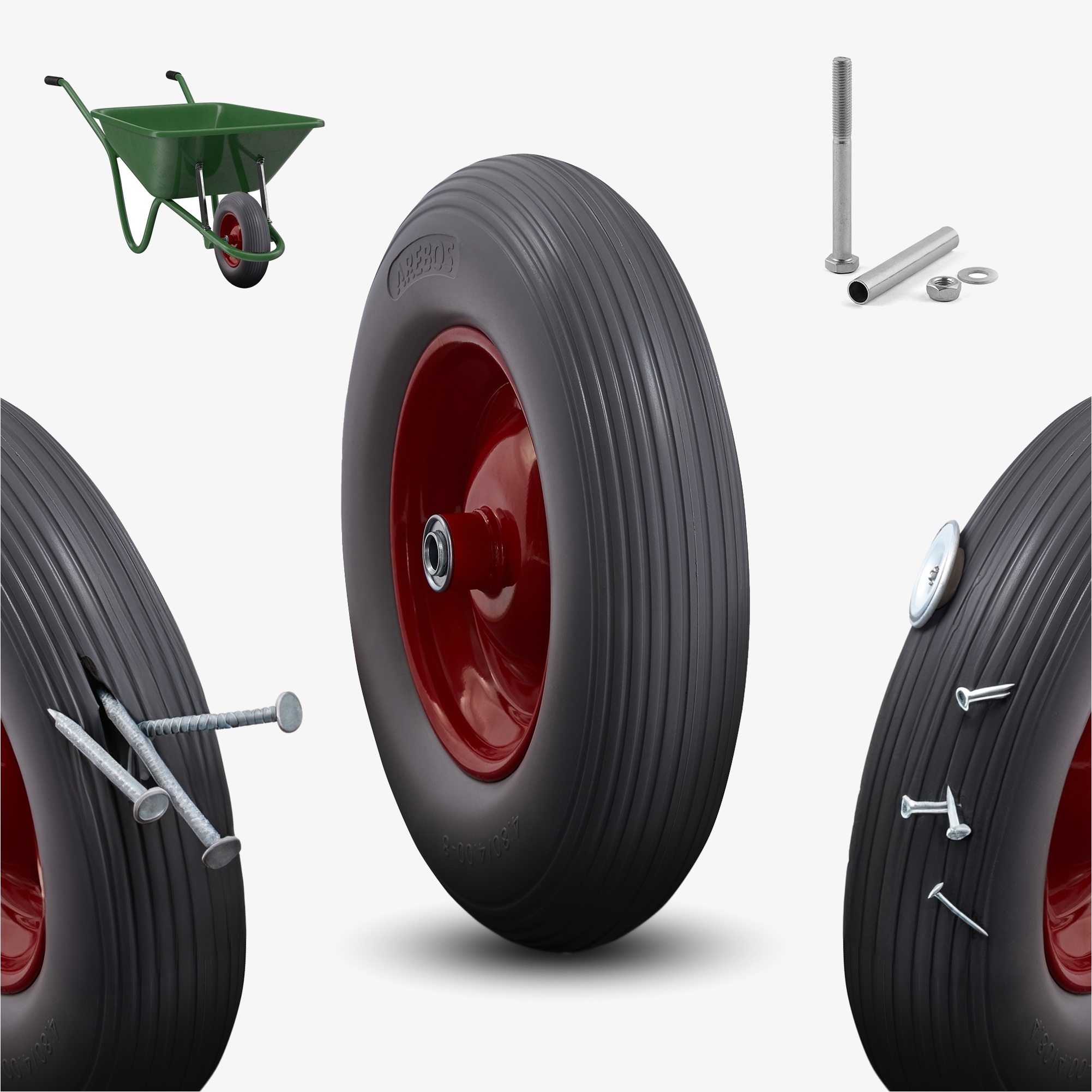 Arebos PU wheelbarrow wheel with axle puncture-proof made of PU solid rubber Ø 390mm