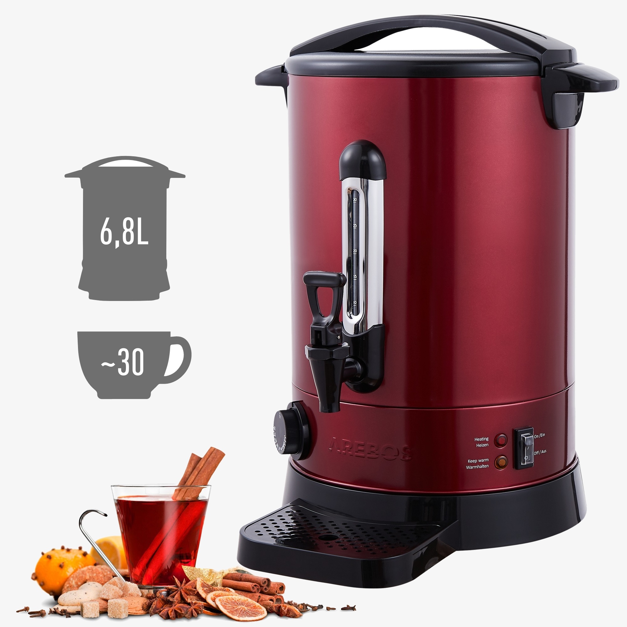 Arebos Hot Wine Boiler 6,8L-Thermostat,outlet valve,overheat protection - Red