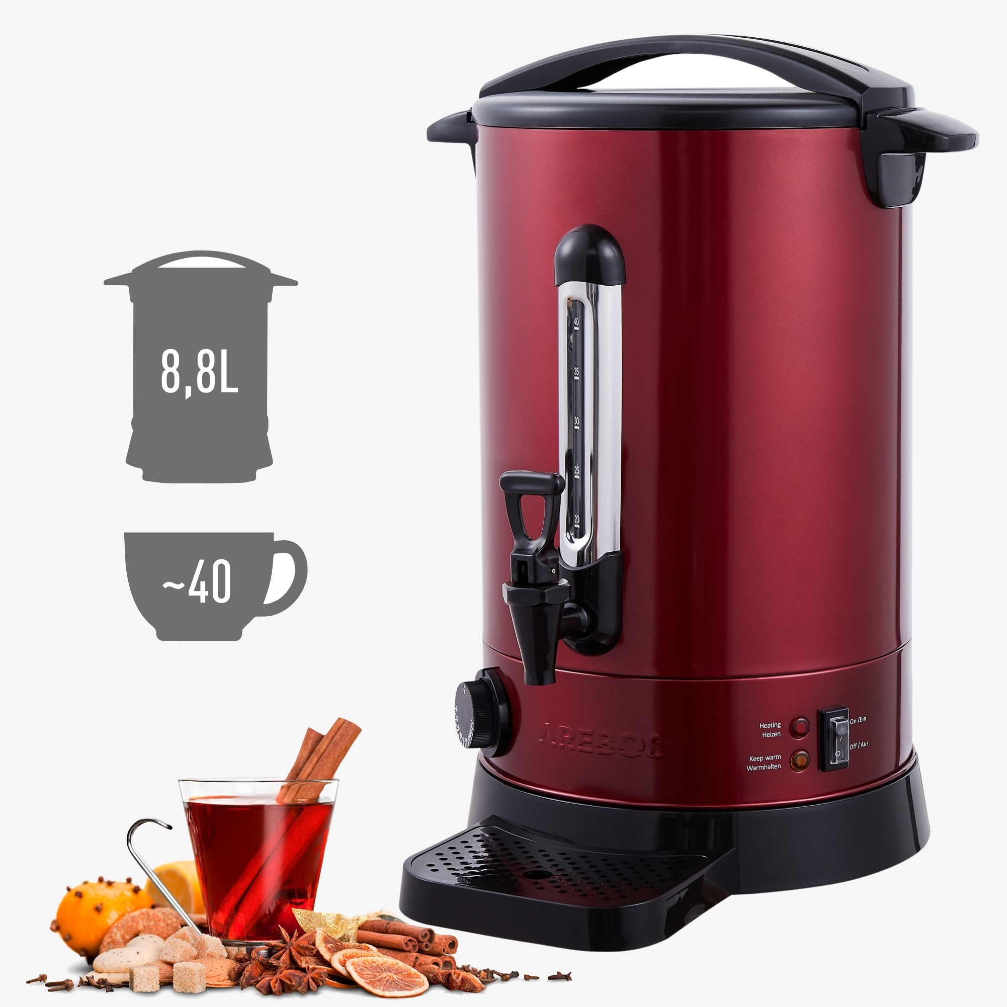 Arebos Mulled wine cooker 8.8L-thermostat,outlet tap,overheating protection - Red