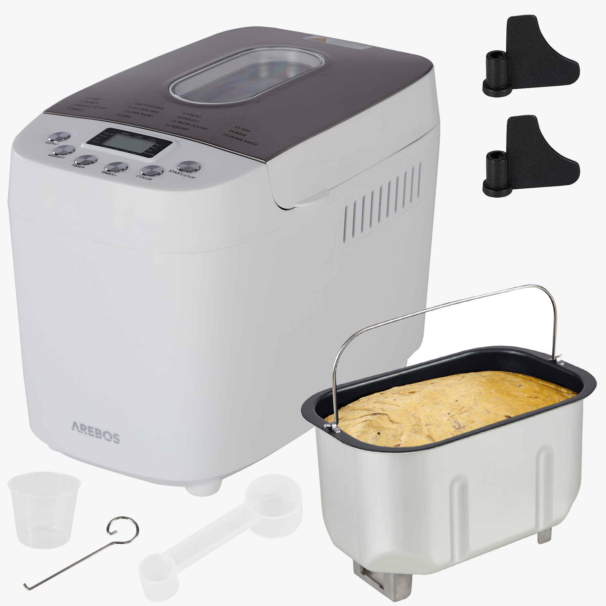 Arebos Breadmaker 850W - 1500g,15 Programs,2 Dough Hooks,Timer,LCD Display - White