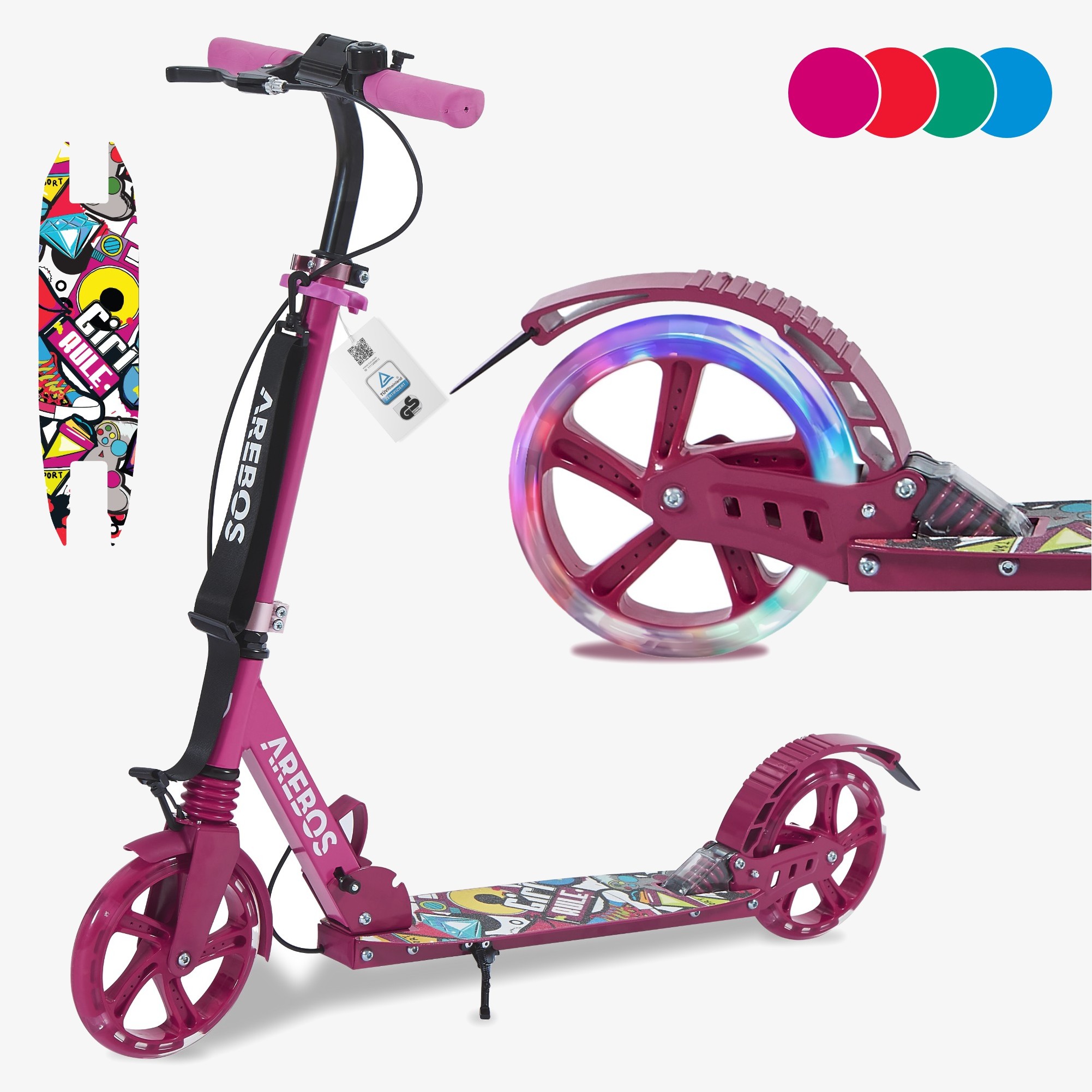 Arebos Scooter with LED tyres, hand & pedal brake, bell, kickstand, carrying strap