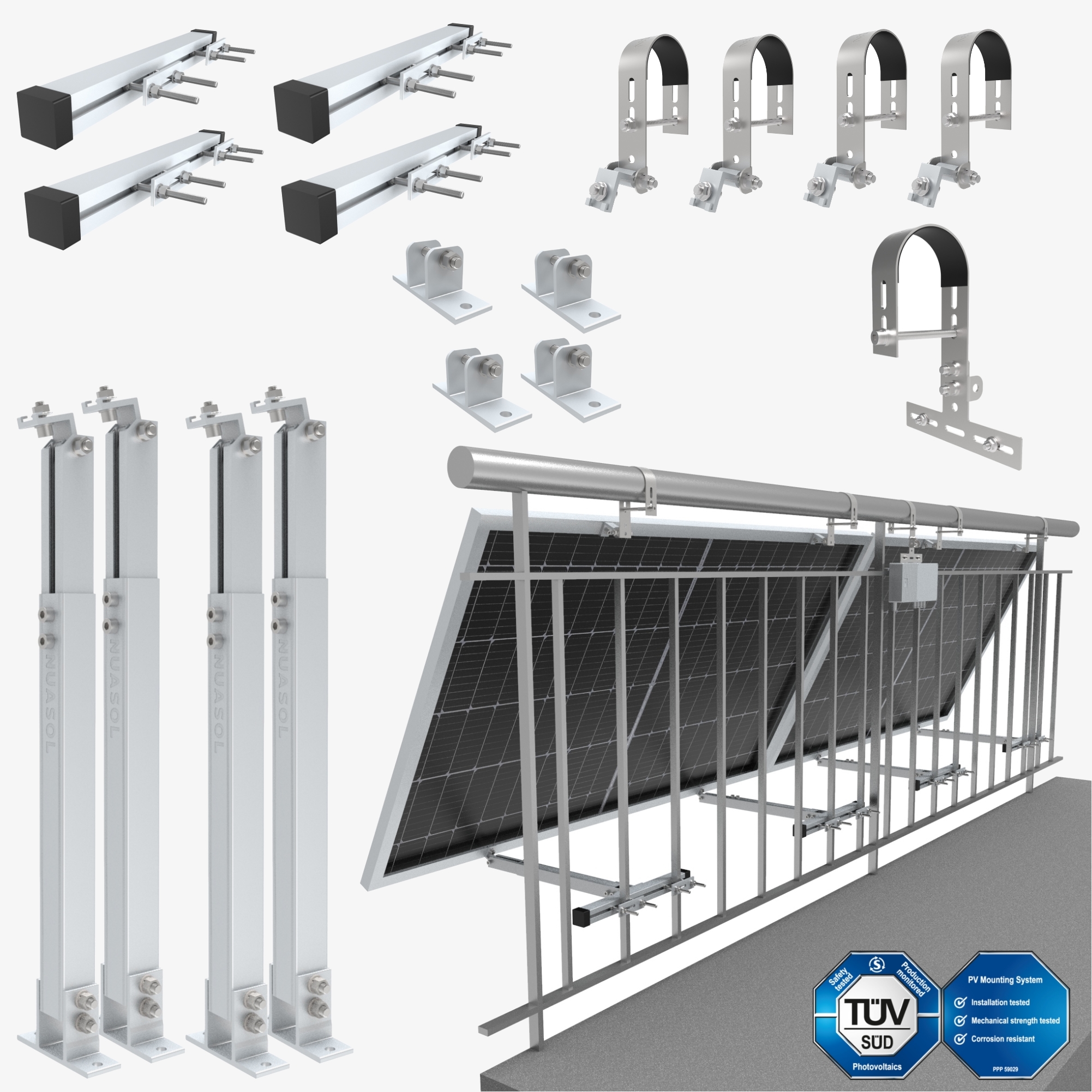 NuaSol Balcony Power Plant Bracket Round- Railing Fastening 2 Solar Module Photovoltaic - Tilt Angle 0° & 25-45°,Up to 80mm