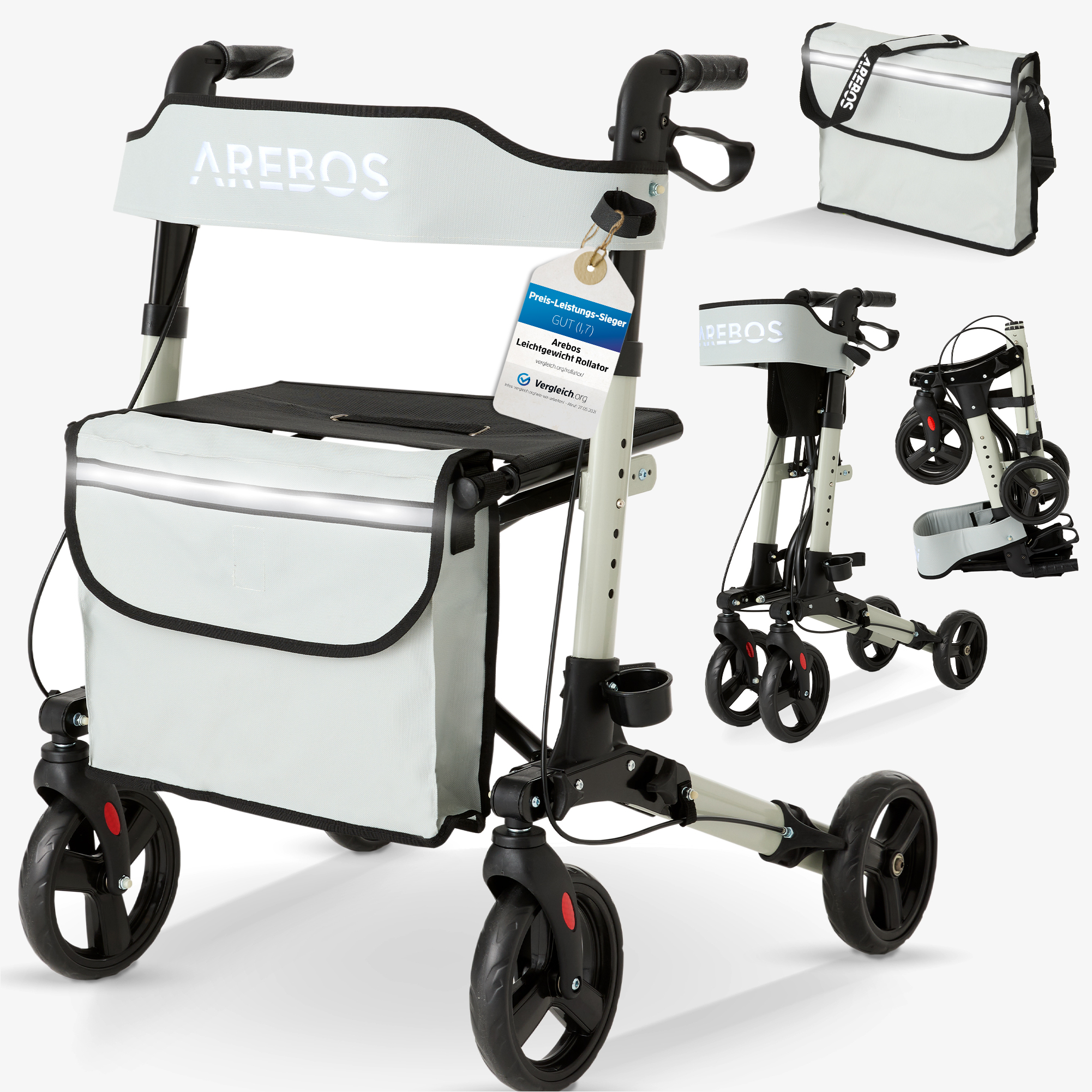 Arebos Lightweight rollator - aluminium,adjustable,seat,cane holder,shopping bag,foldable