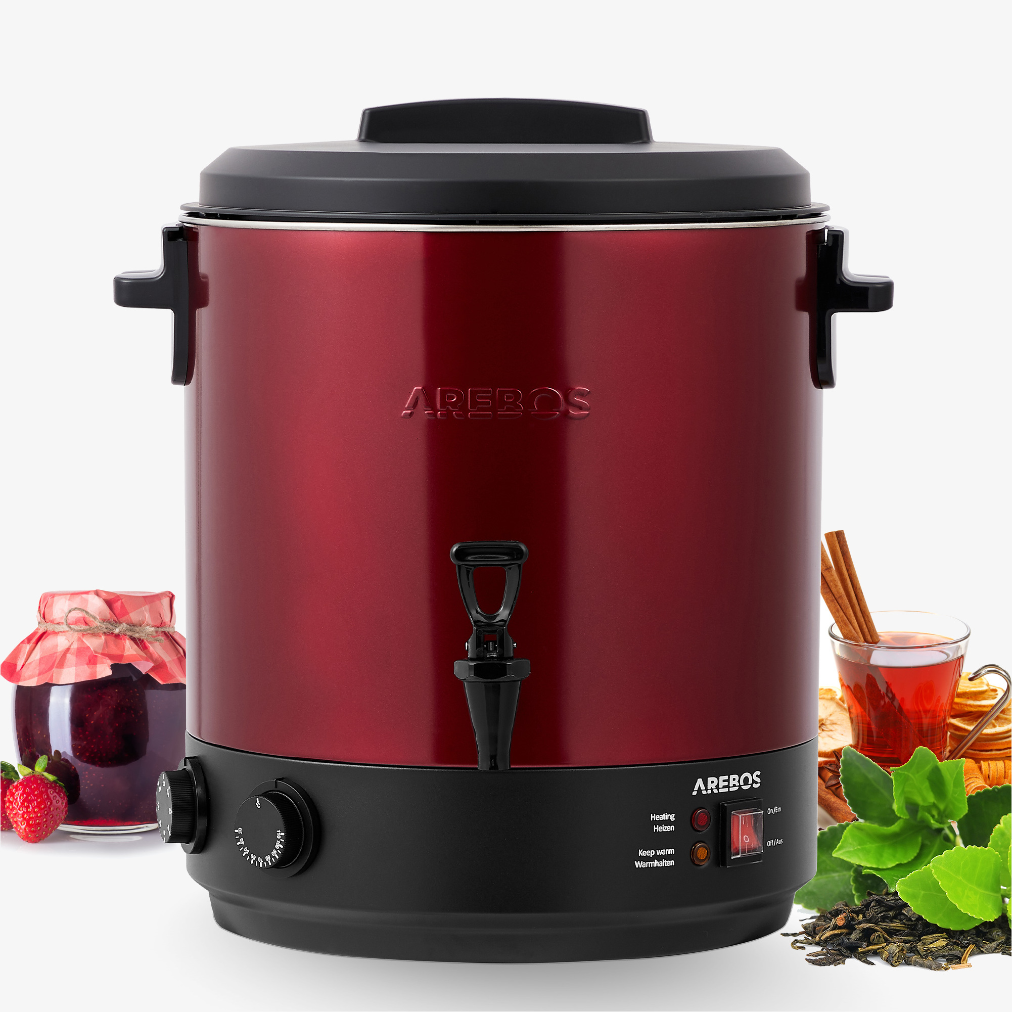 Arebos Preserving funnel 28L-thermostat,outlet tap,overheating protection - Red