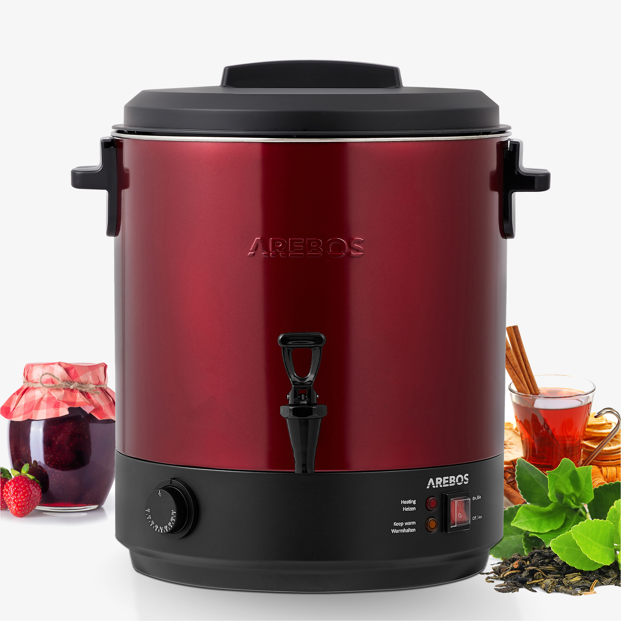 Arebos Preserving funnel 28L-thermostat,outlet tap,overheating protection - Red
