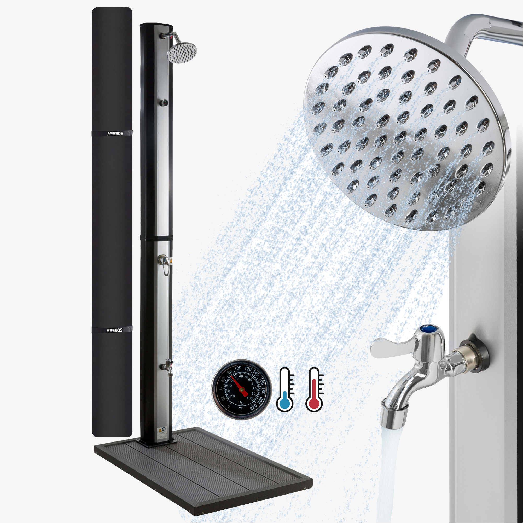 Arebos Solar shower 35L silver & floor element anthracite,incl. bonnet & foot shower