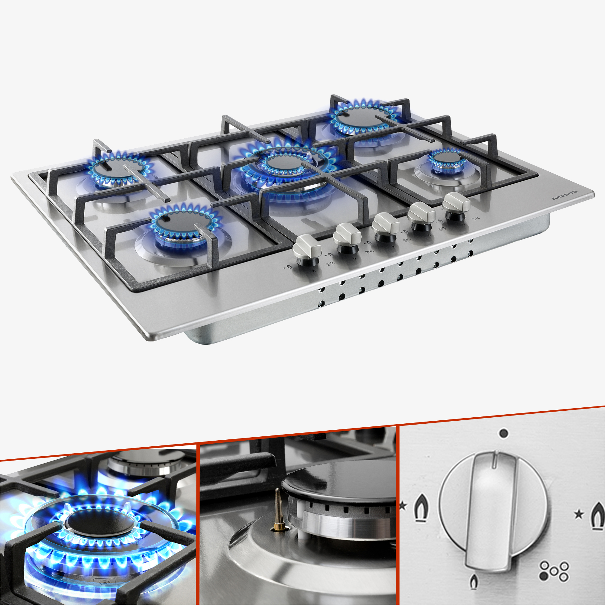 Arebos 5-burner gas hob, 68cm, stainless steel, natural and propane gas