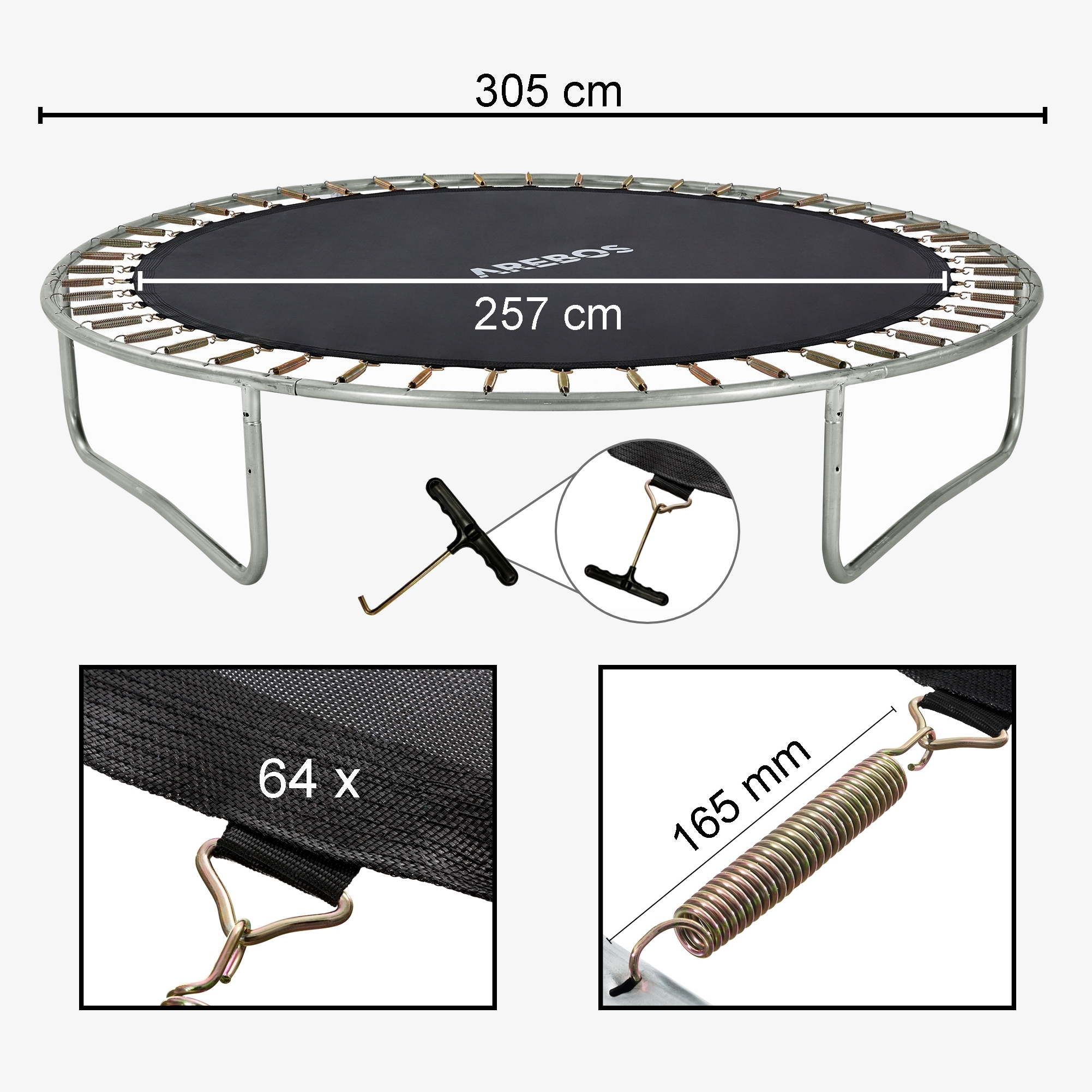 Arebos Jumping mat for trampoline Ø 305cm/10feet, Ø mat 264cm, 64 eyelets, spring length 165mm