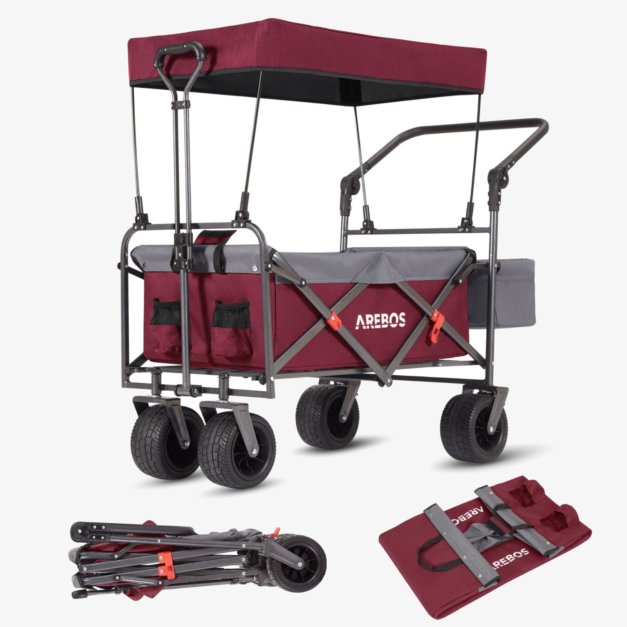Arebos Luxury handcart - foldable with roof, XXL bag, up to 100kg, offroad wheels