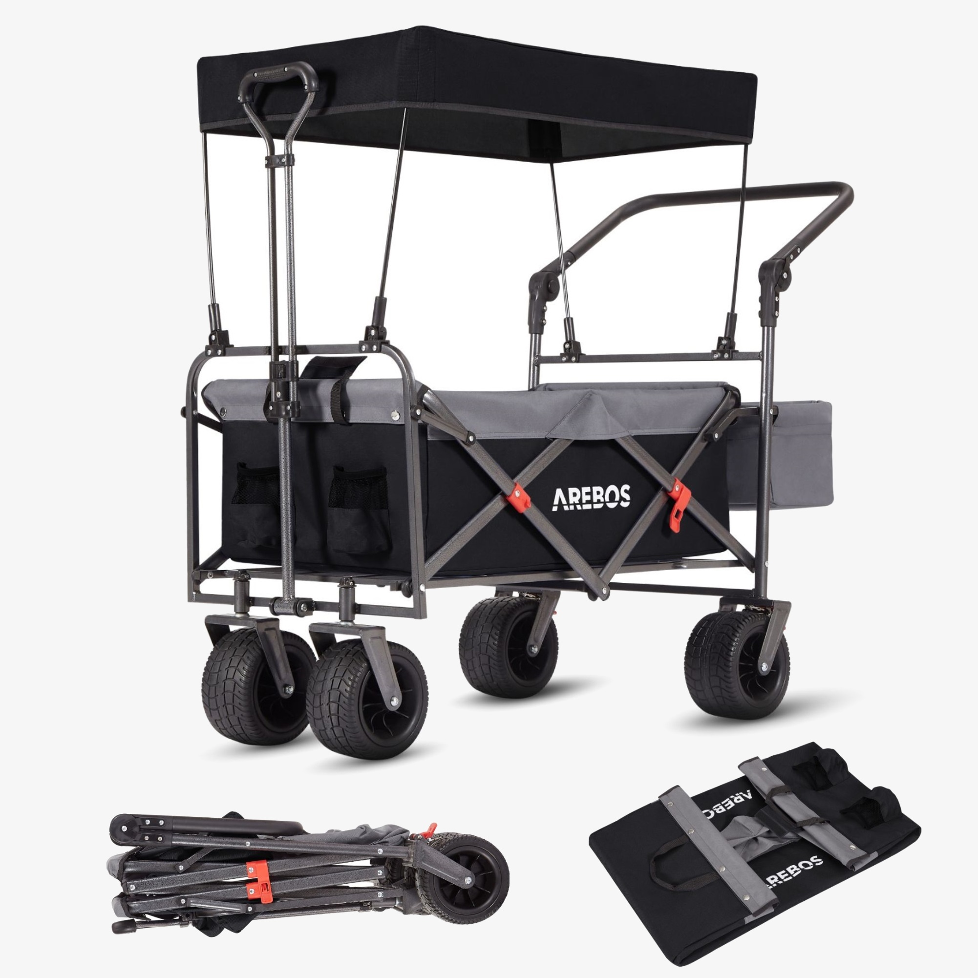 Arebos Luxury handcart - foldable with roof, XXL bag, up to 100kg, offroad wheels