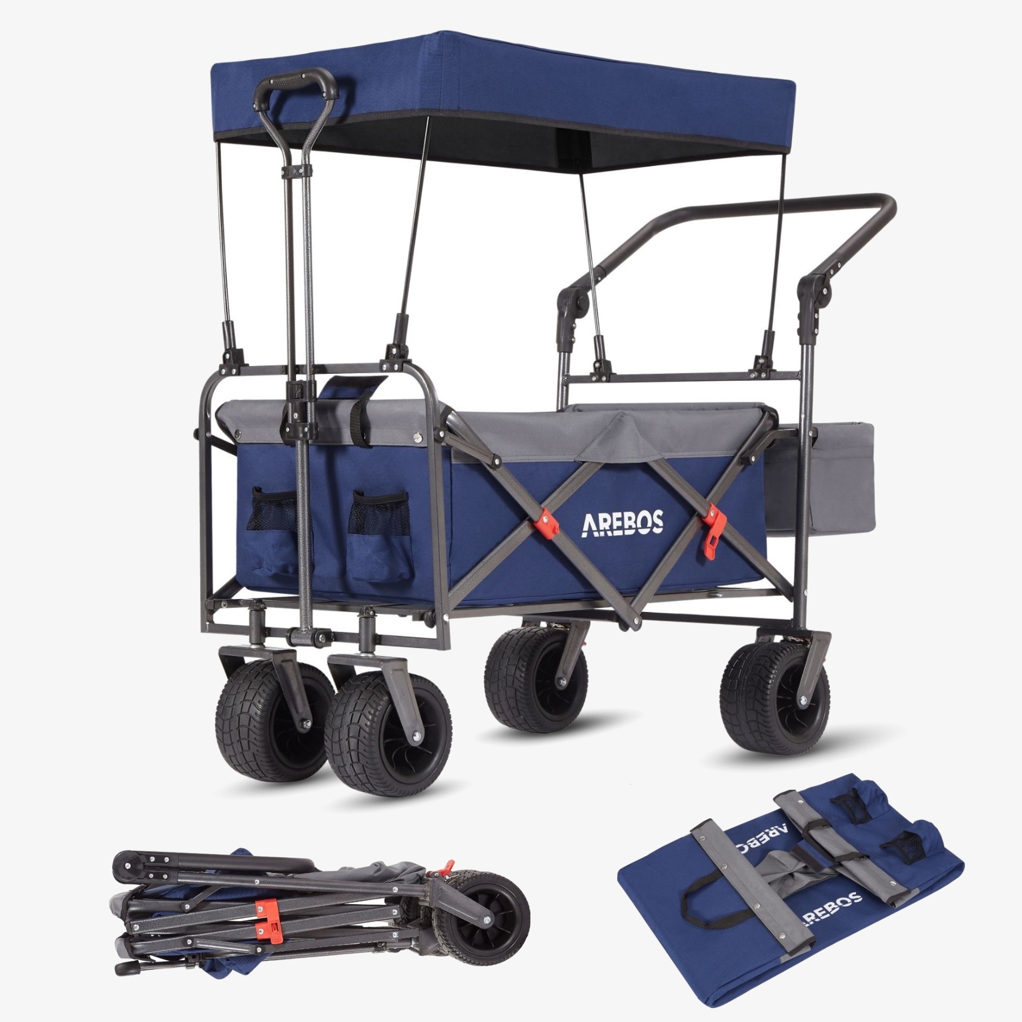 Arebos Luxury handcart - foldable with roof, XXL bag, up to 100kg, offroad wheels