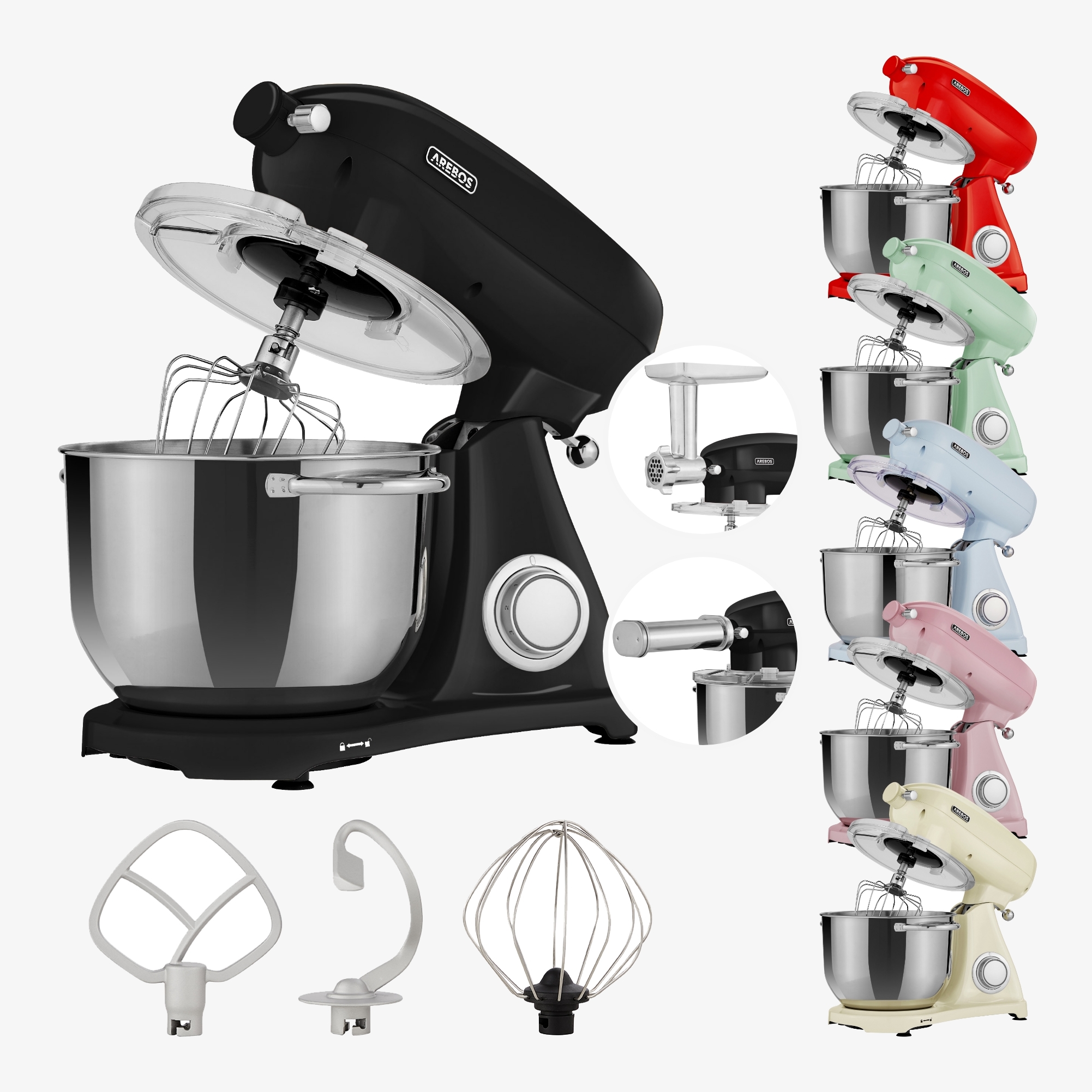 Arebos Kitchen machine 1500W - Kneading Machine with 8L Stainless Steel Mixing Bowl - incl. Accessories