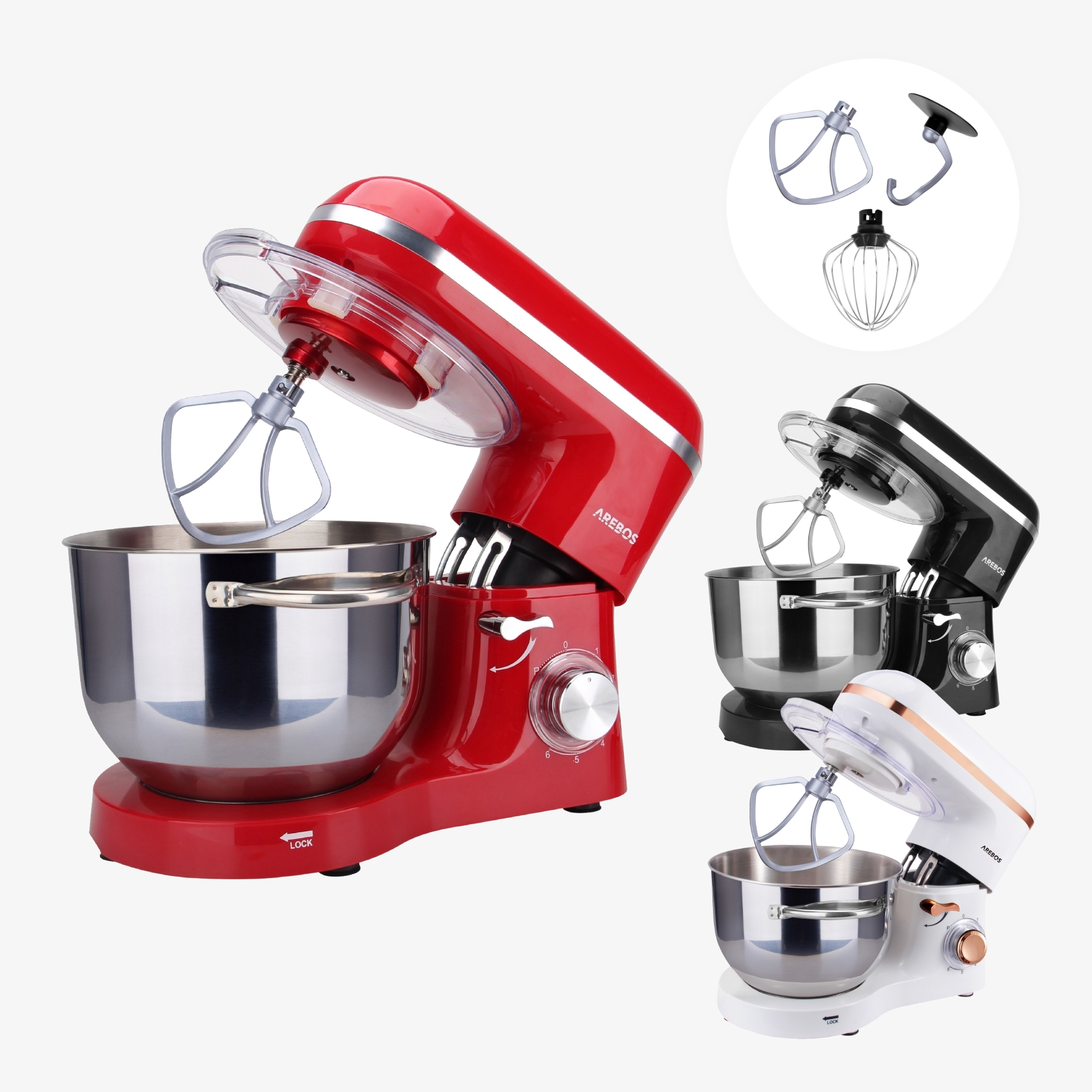 Arebos Kitchen machine 1500W - Mixer with 6L stainless steel mixing bowl - incl. accessories
