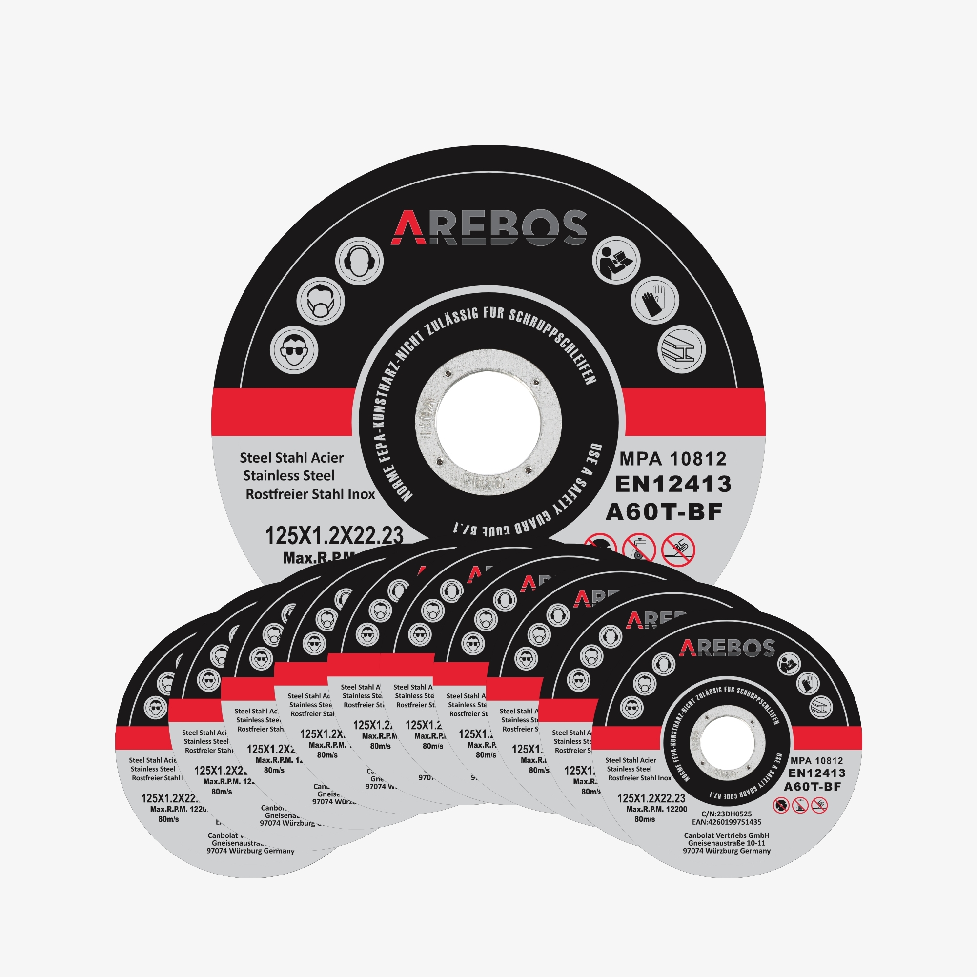 Arebos INOX Cutting flex disc set - 125 x 1,2 x 22,2 mm, for stainless steel, metal... - MPA tested - 100 pieces