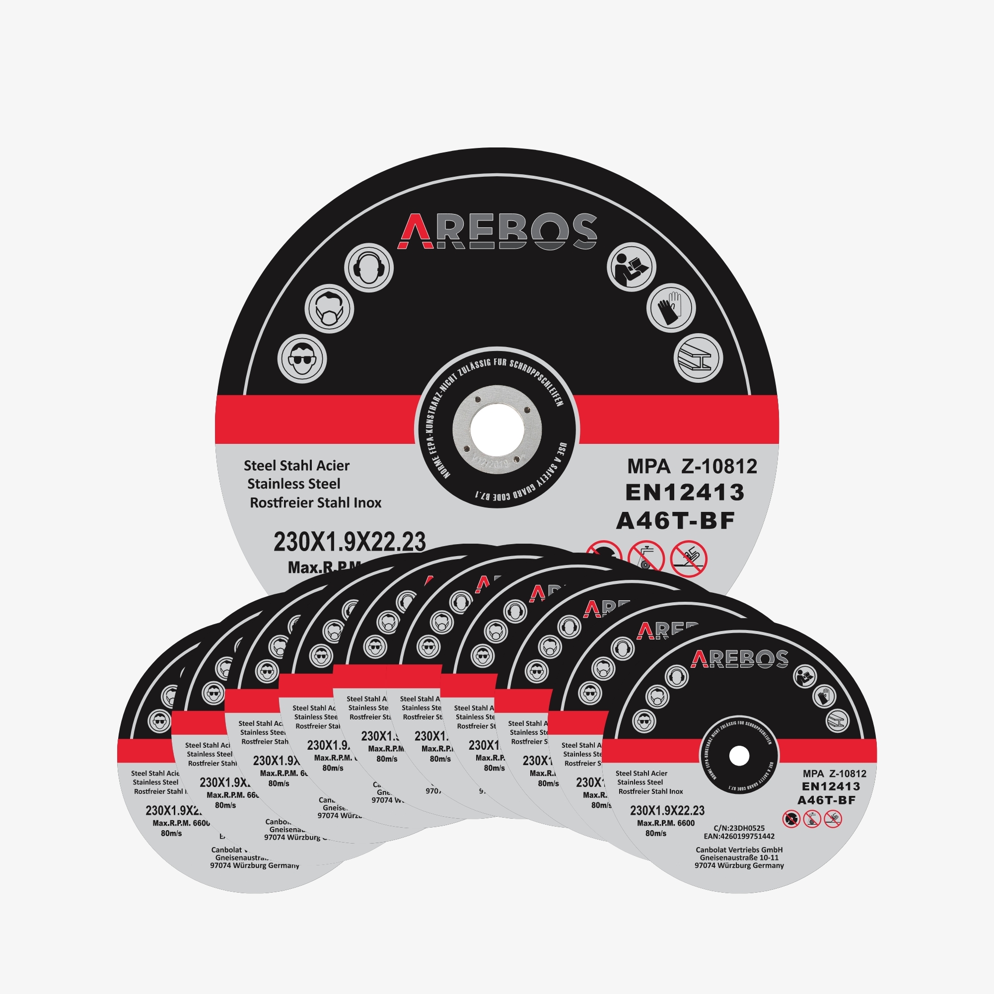 Arebos INOX Cutting disc set - Flex discs 230 x 1,9 x 22,2 mm,for stainless steel,metal... - MPA tested - 100 pieces