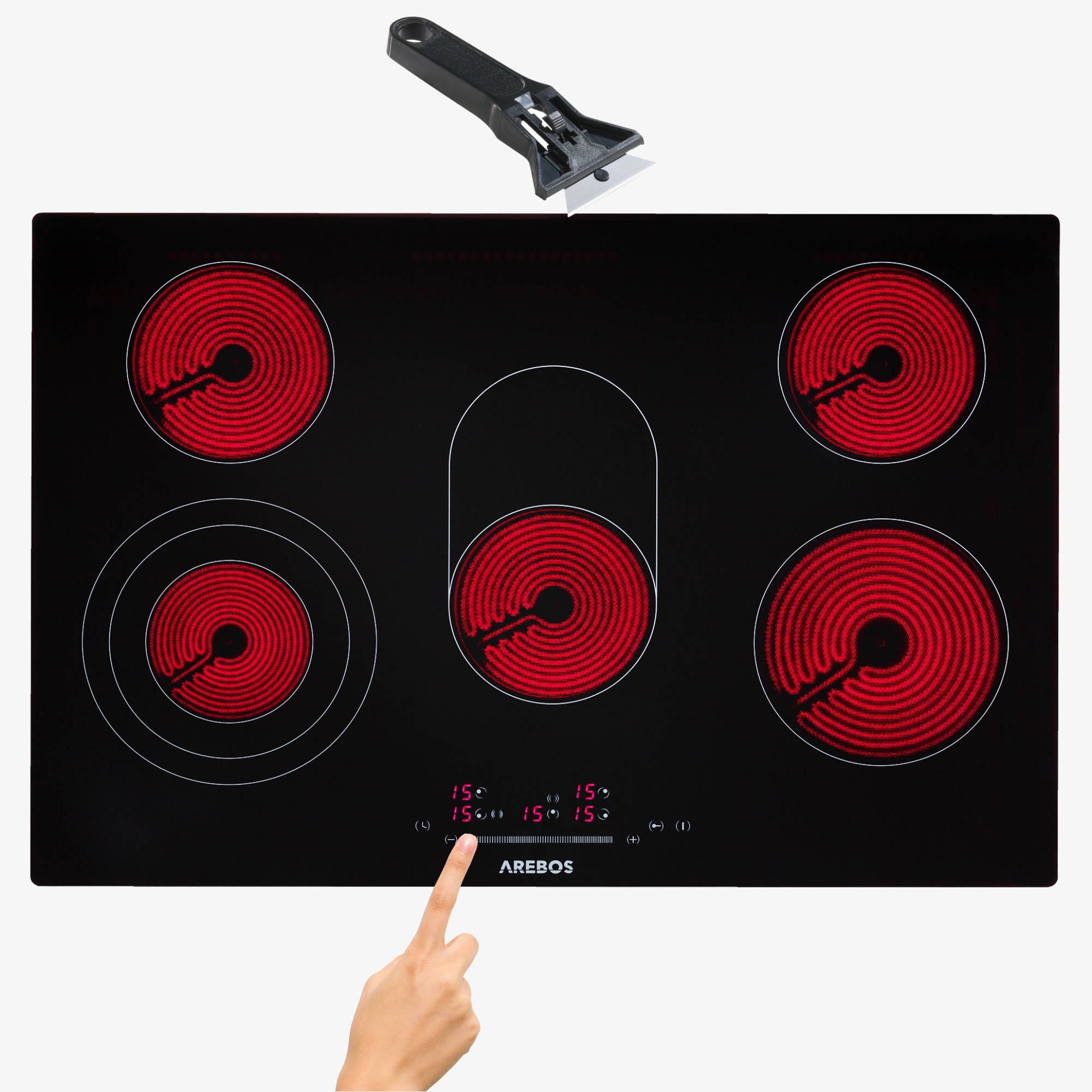 Arebos 5-zone ceramic hob 77cm,autarkic,Senortouch,Dual zone & roasting