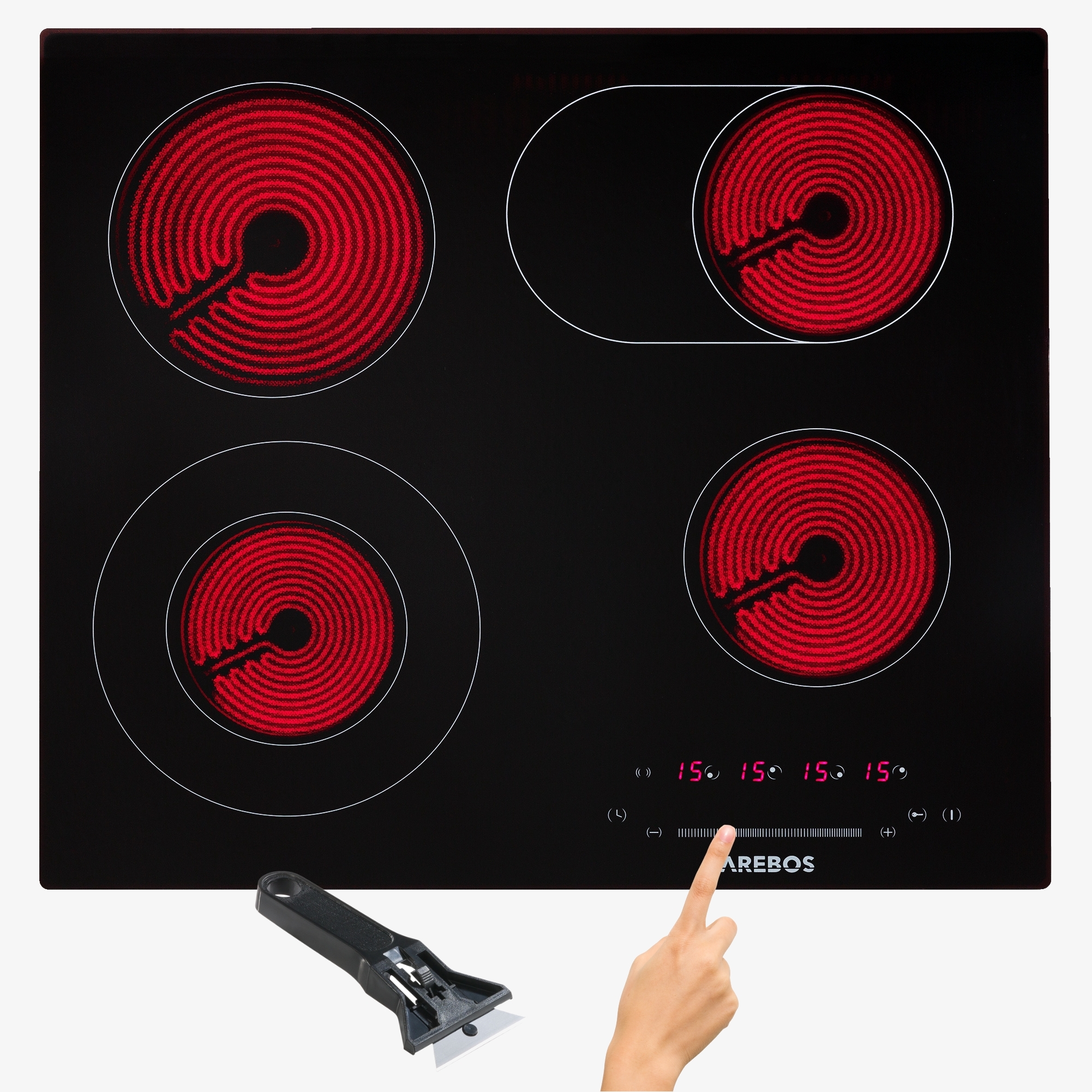 Arebos ceramic hob 4 zones 59cm,autarkic,Senortouch,Dual zone & roasting