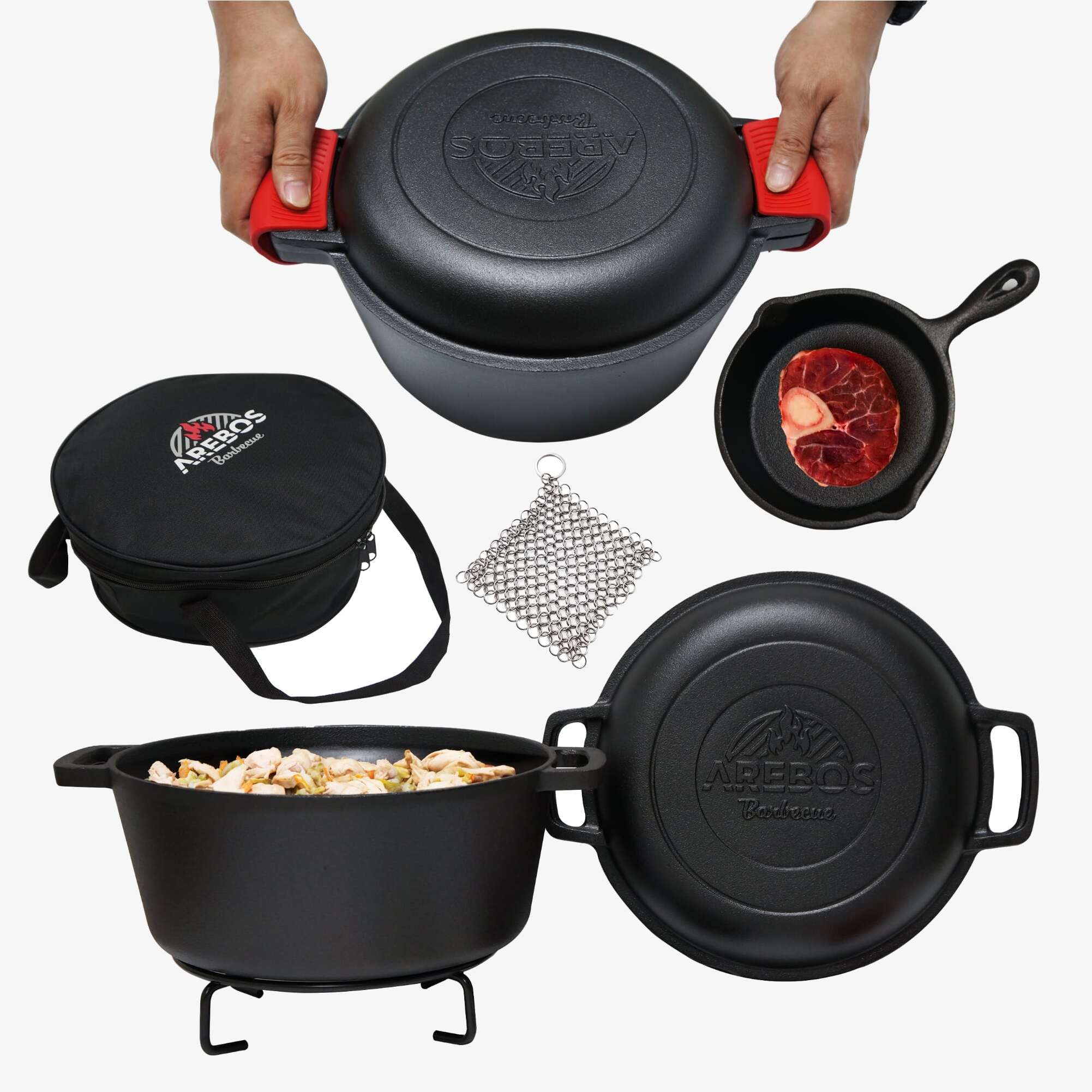 Arebos Dutch Oven BBQ 2in1 Cast Iron and Pan Braising Pot Fire Pot Cooking Grill