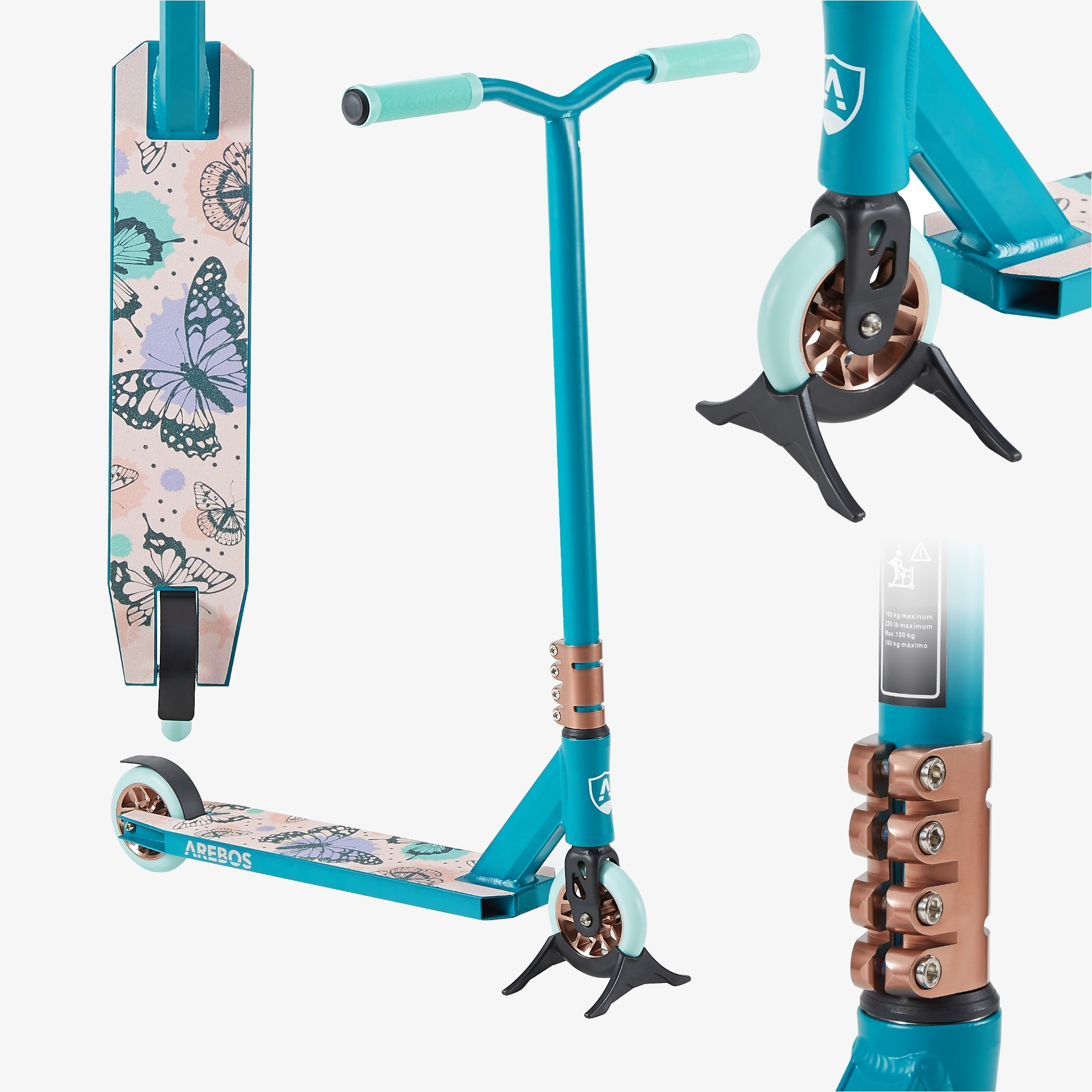 Arebos Stunt Scooter Turquoise - ABEC 9 ball bearings,max. load 100kg,incl. stand