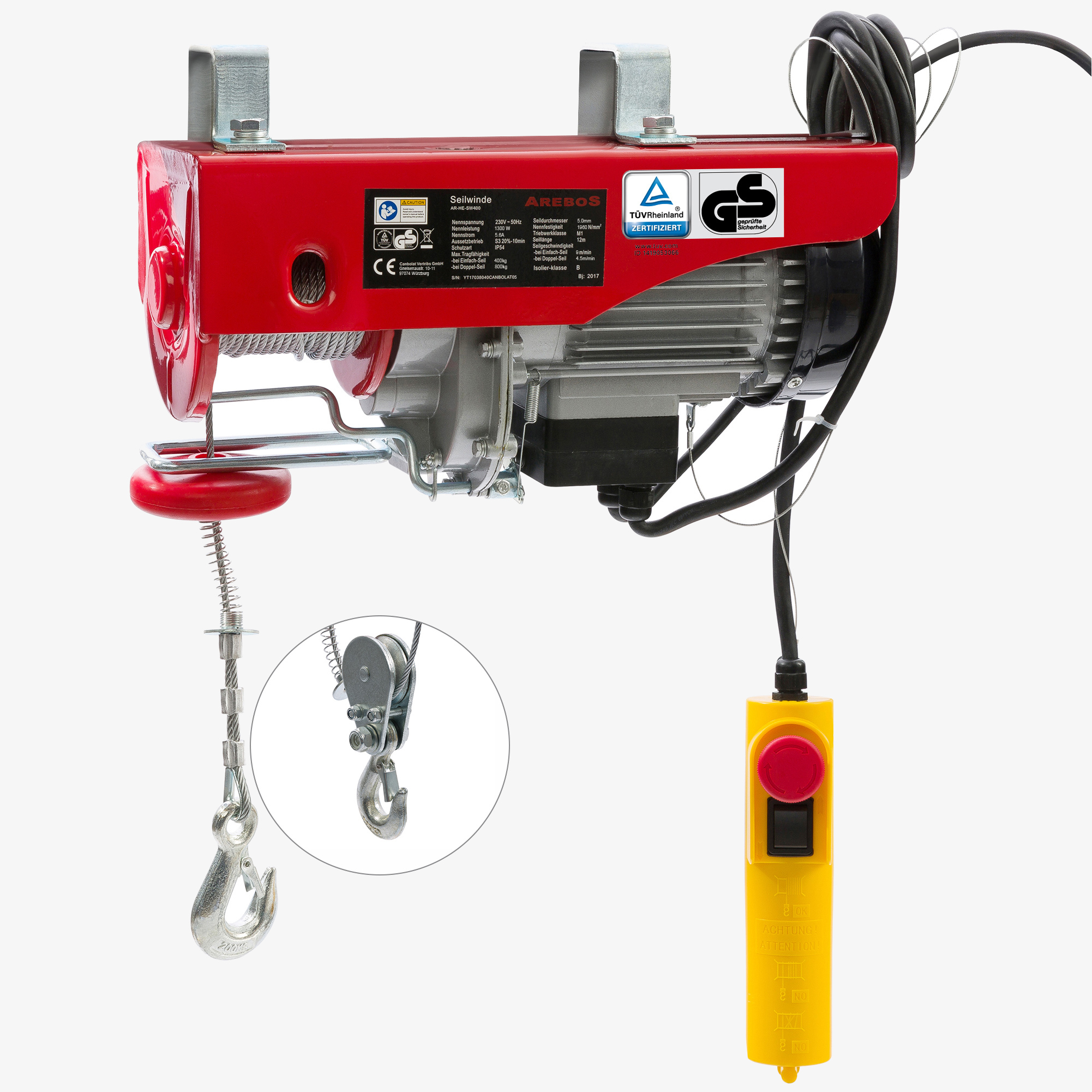 Arebos Electric cable winch cable hoist - lifting capacity 400-800kg with cable remote control