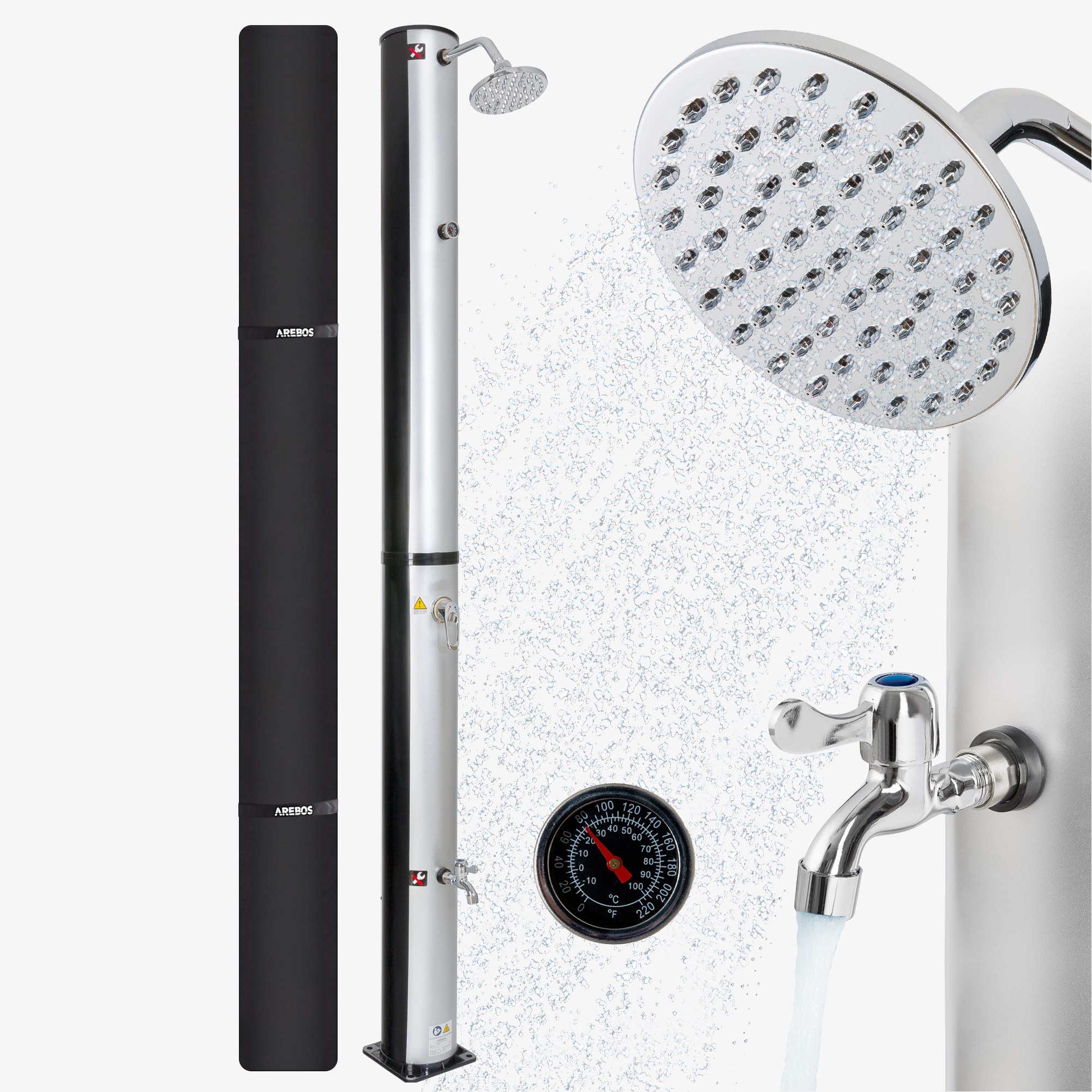 Arebos Solar Shower 40L Silver with Thermometer,Quick Coupling, incl. Hood, Foot Shower
