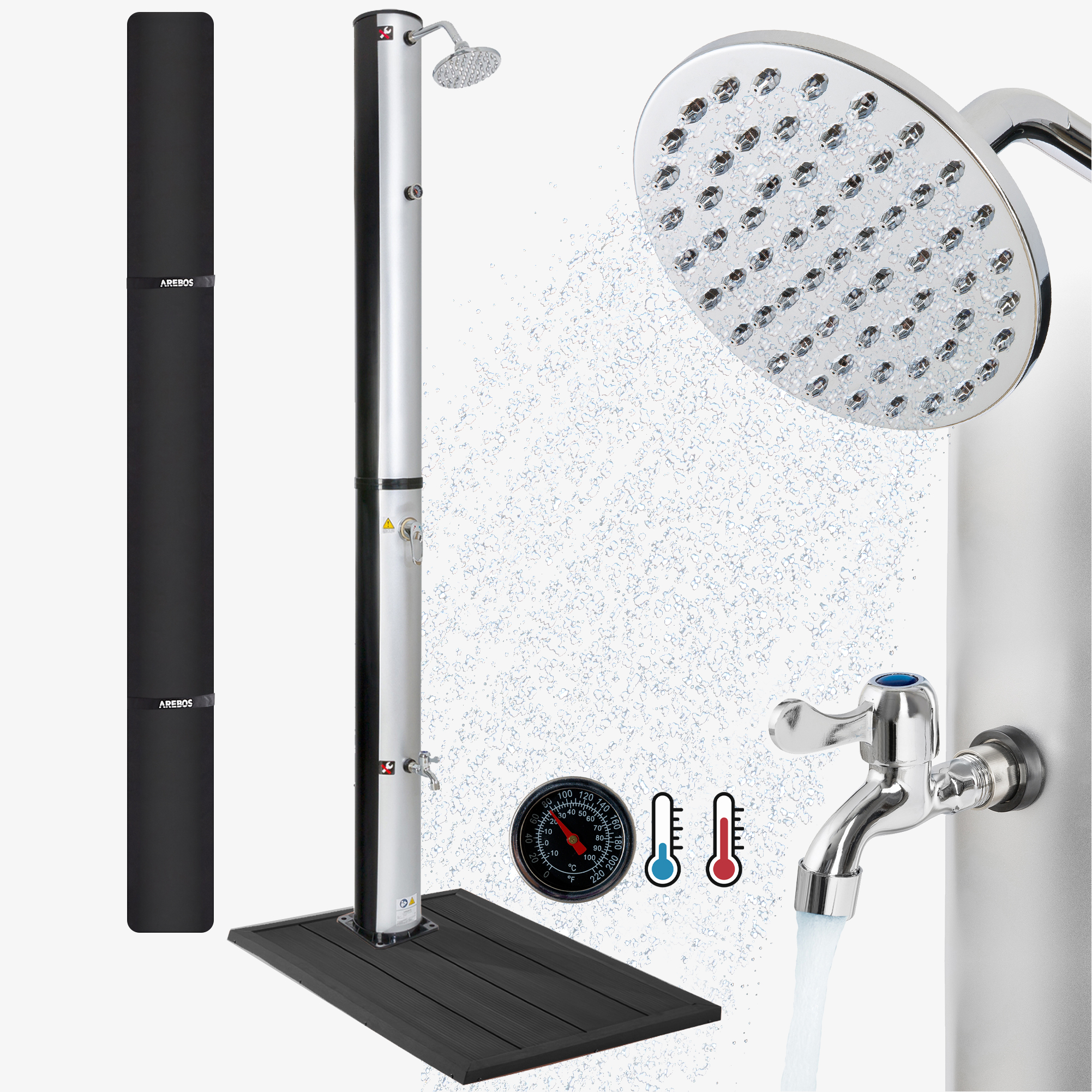 Arebos Solar shower 37L silver & floor element anthracite, incl. bonnet & foot shower, round