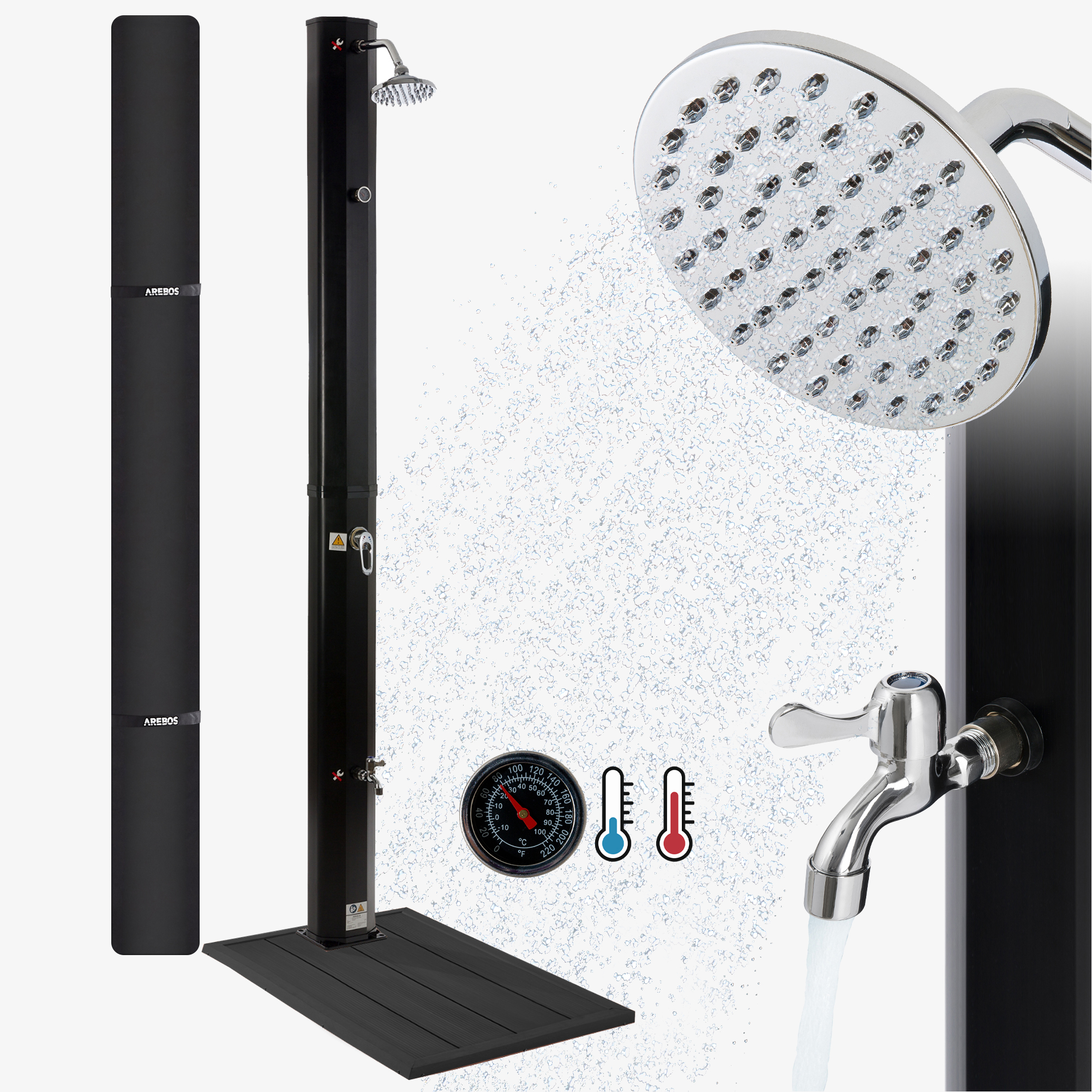 Arebos Solar Shower 35L Black & Floor Element Anthracite,incl. Hood & Foot Shower