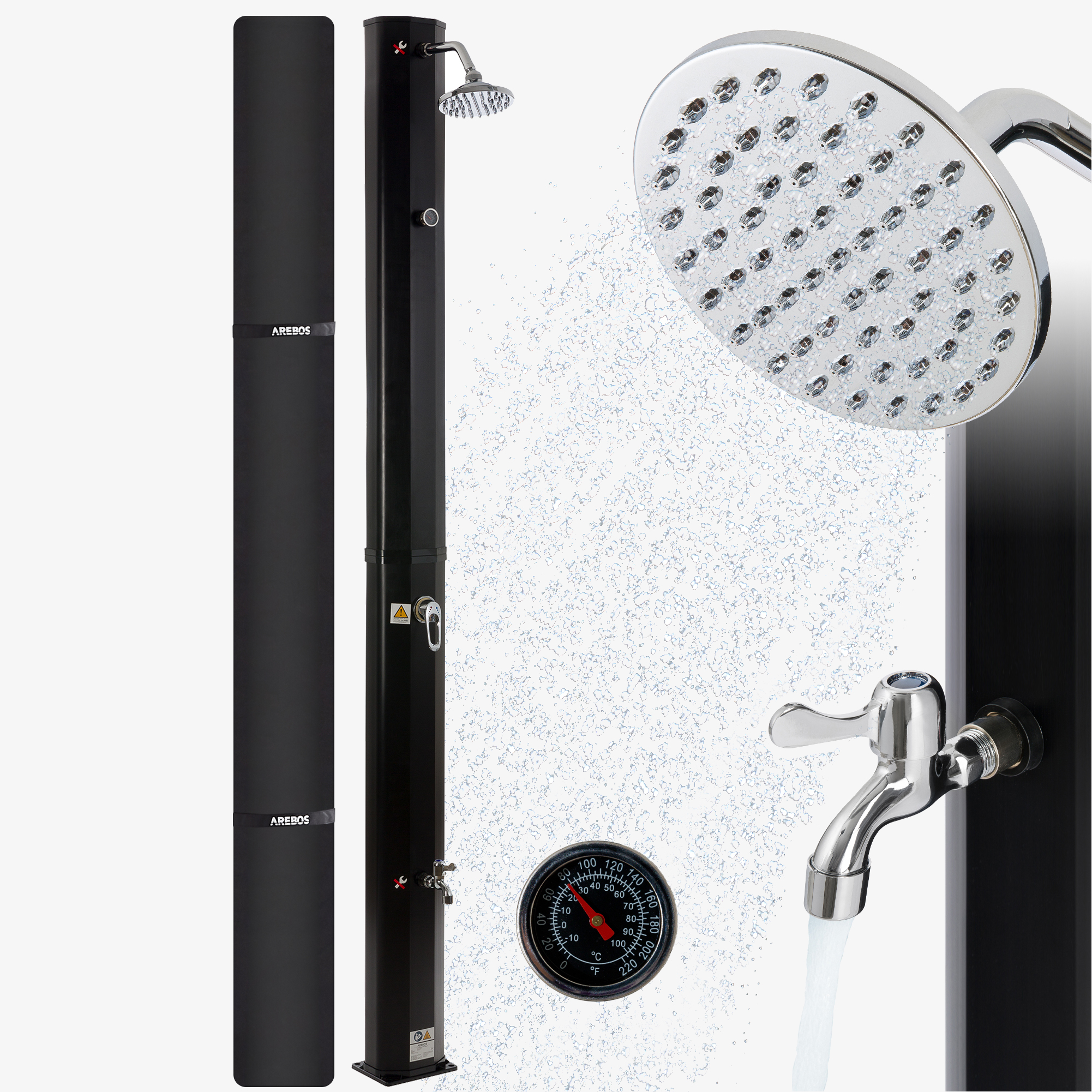 Arebos Solar Shower 35L Black with Thermometer,Quick Coupling, incl. Hood, Foot Shower
