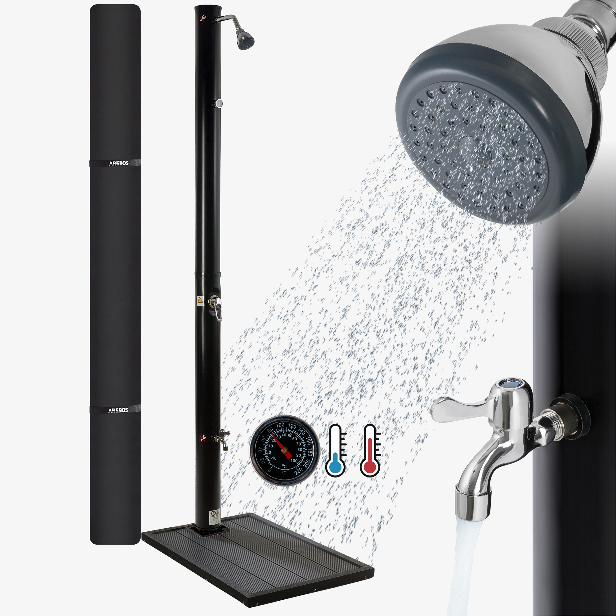 Arebos Solar Shower 20L Black & Floor Element Anthracite,incl. Hood & Foot Shower