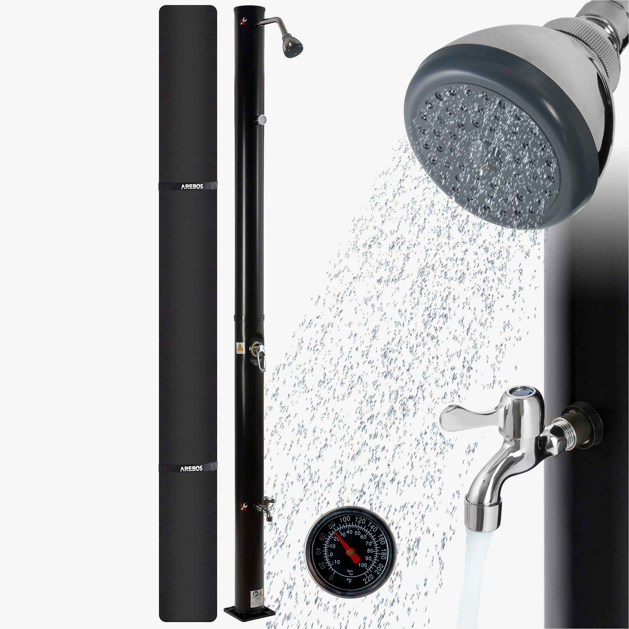 Arebos Solar Shower 20L Black with Thermometer,Quick Coupling, incl. Hood, Foot Shower