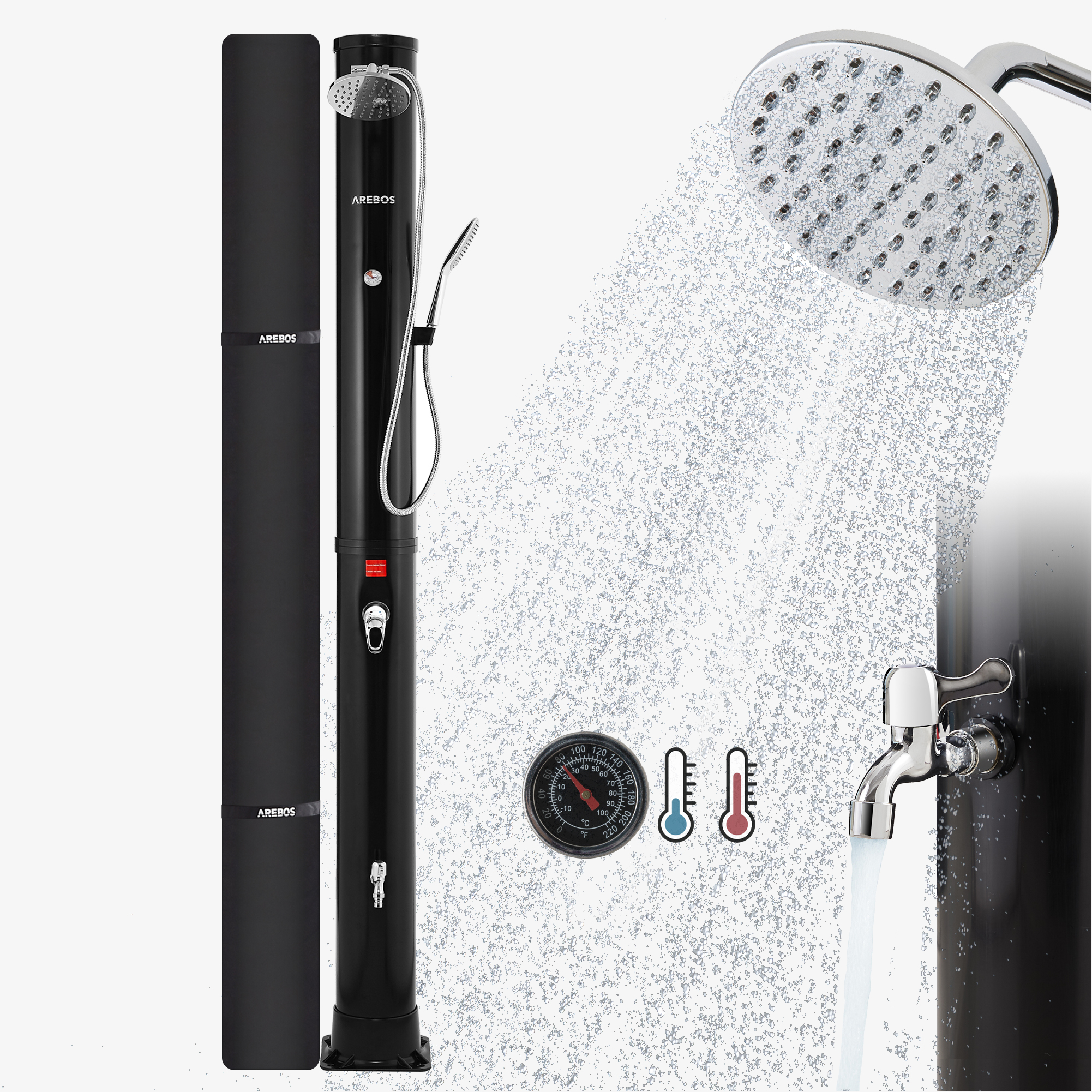Arebos Solar Shower 40L Premium Black with Thermometer,Hand Shower, incl. Hood, Foot Shower