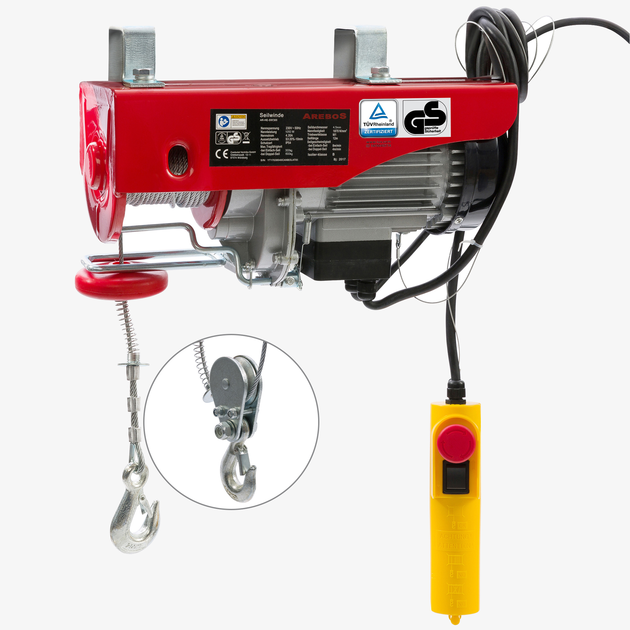 Arebos Electric cable winch cable hoist - lifting capacity 300-600kg with cable remote control